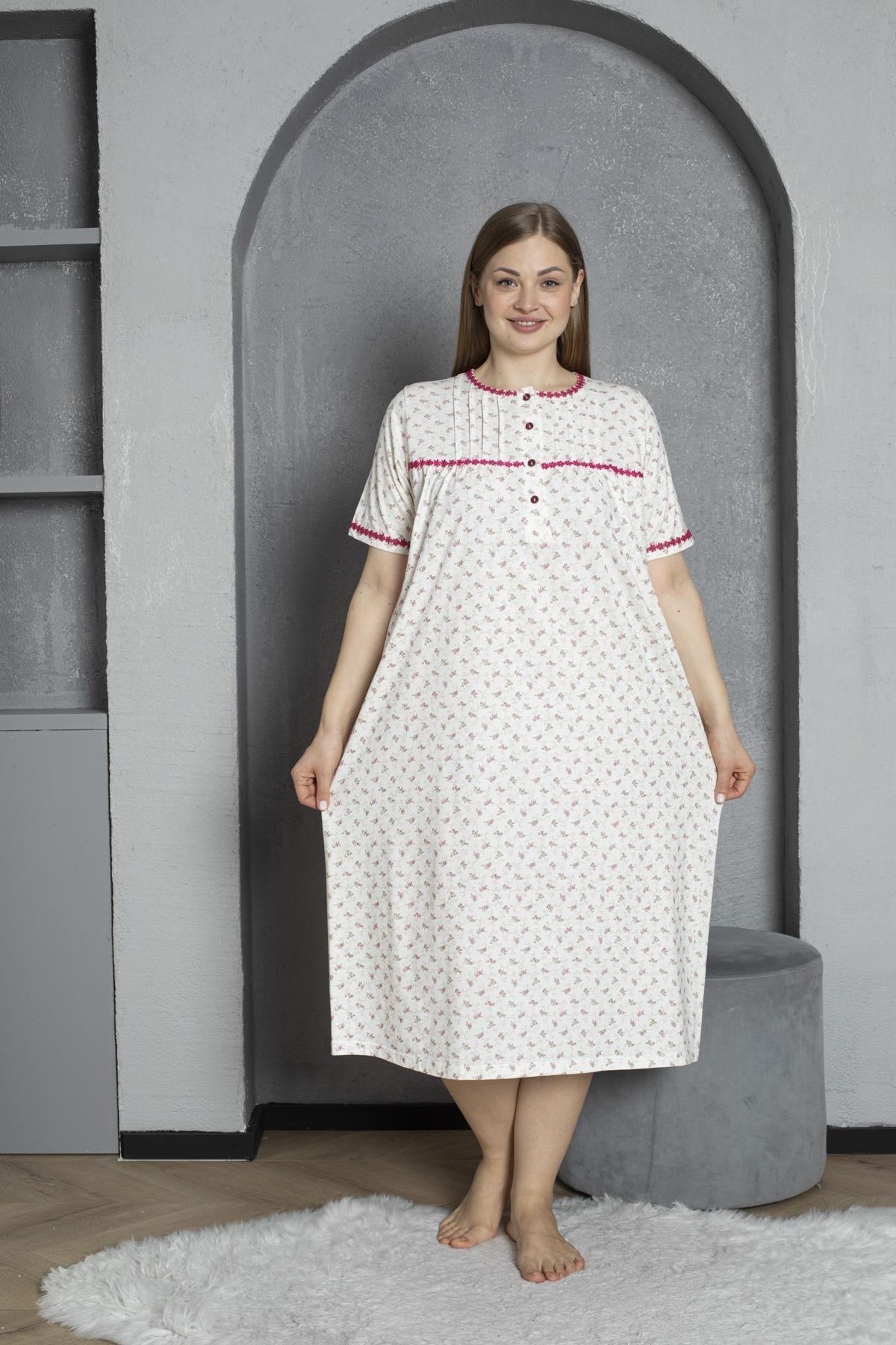 SEBOTEKS Düğmeli Yaka Kısa Kol %100 Pamuklu Penye Büyük Beden Anne Geceliği 529