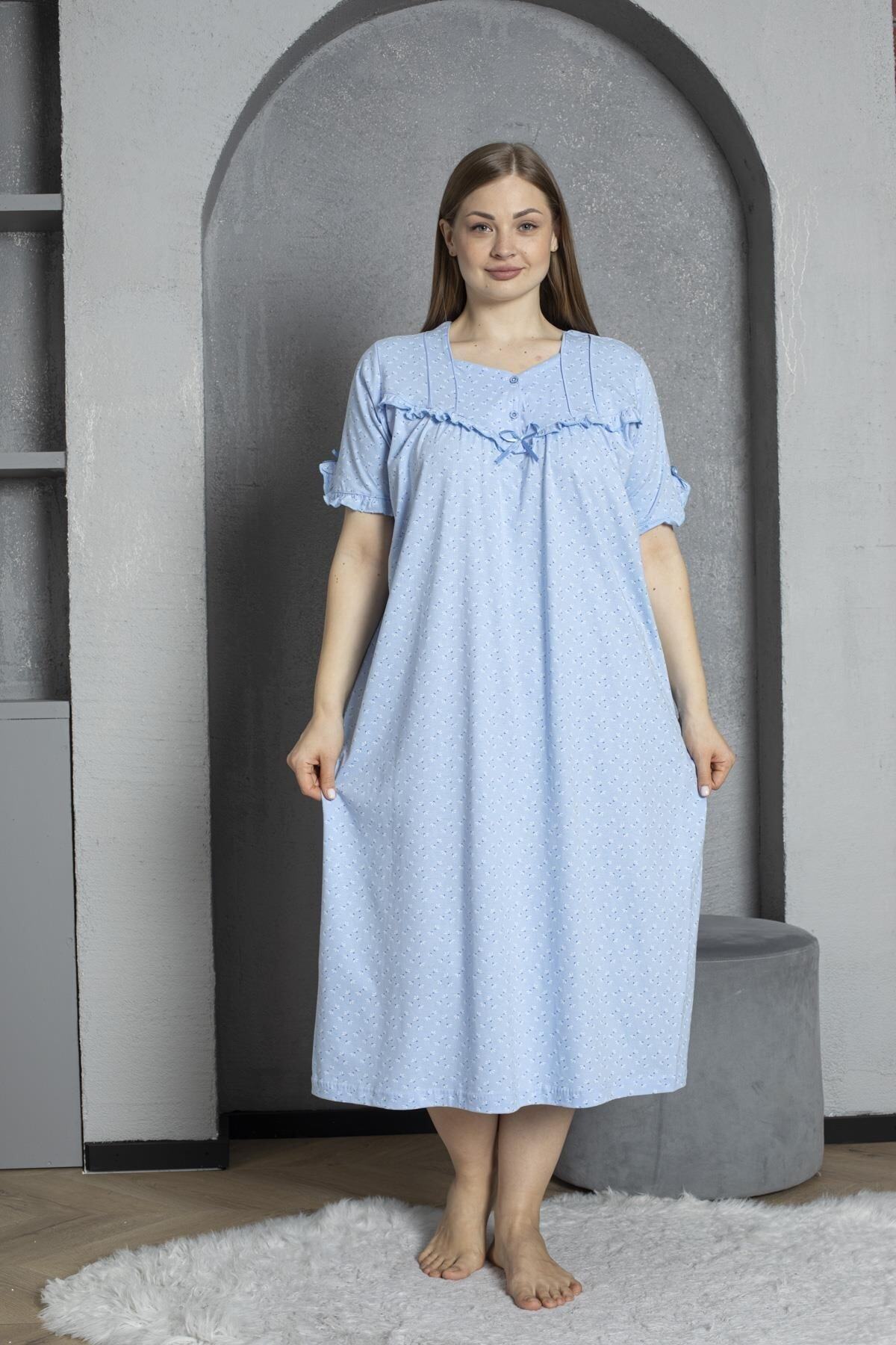 SEBOTEKS %100 Pamuklu Penye Kısa Kollu Büyük Beden Anne Geceliği 136