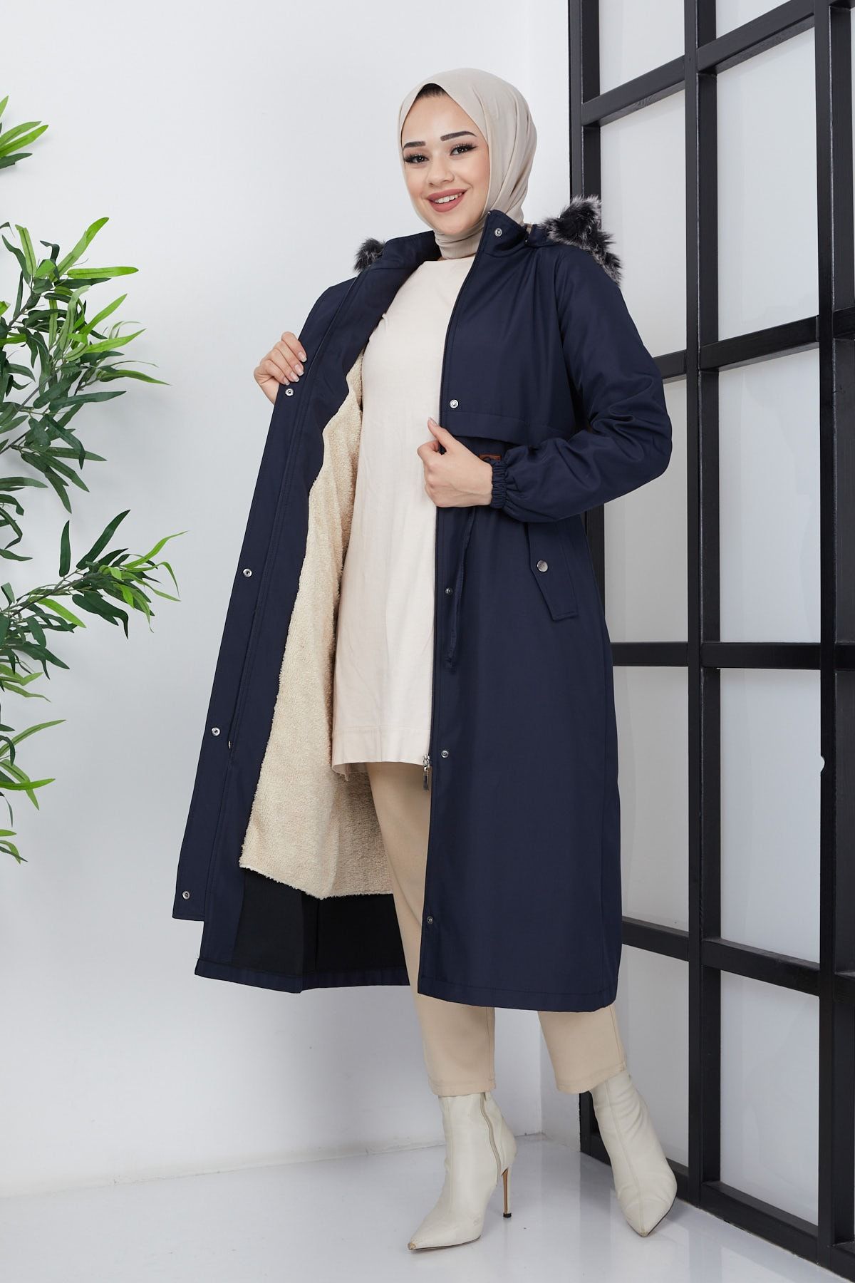 İmajButik-Navy Blue Women's Modest Hooded Fur Lined Gathered Bondic Hijab Coat 1