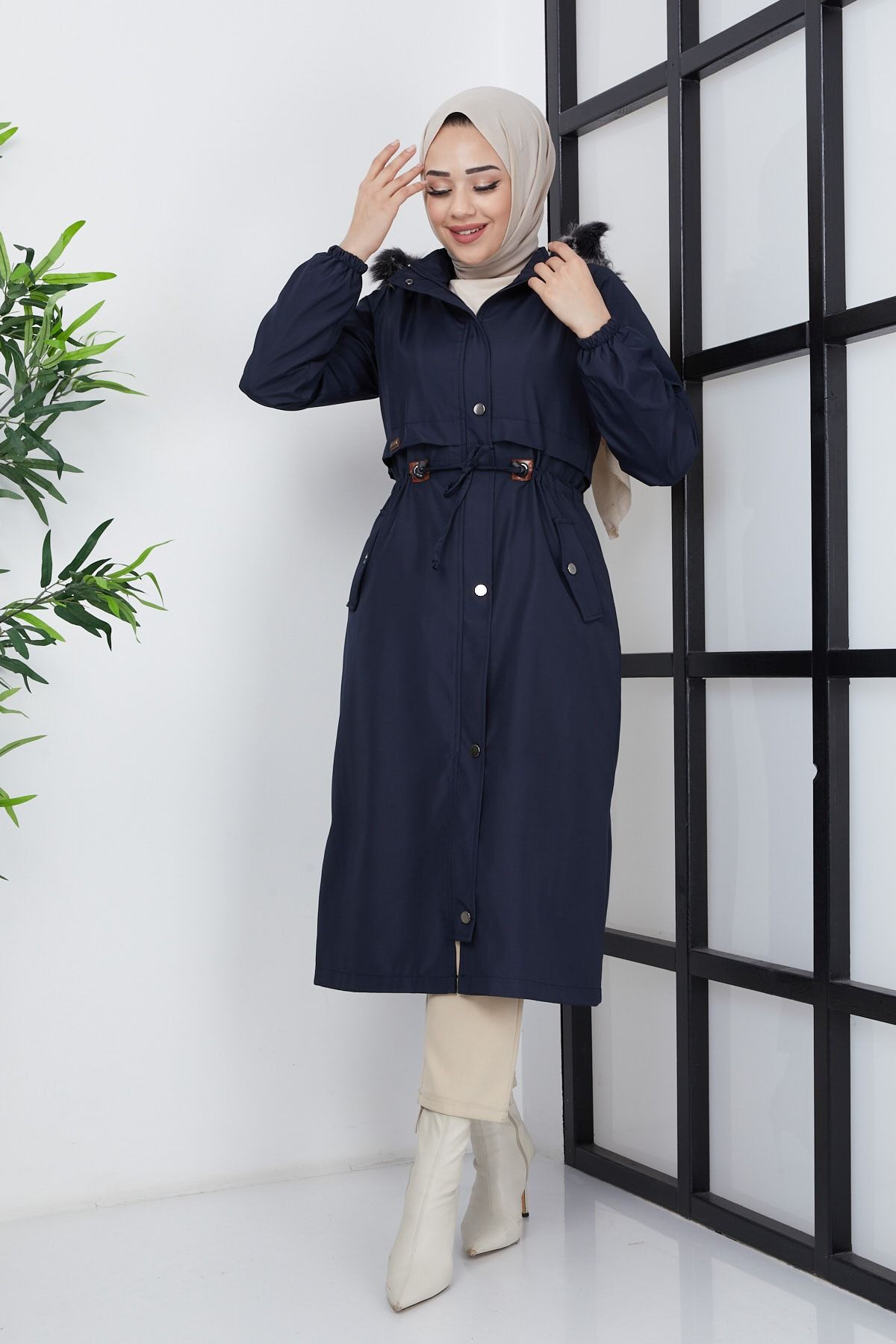 İmajButik-Navy Blue Women's Modest Hooded Fur Lined Gathered Bondic Hijab Coat 5