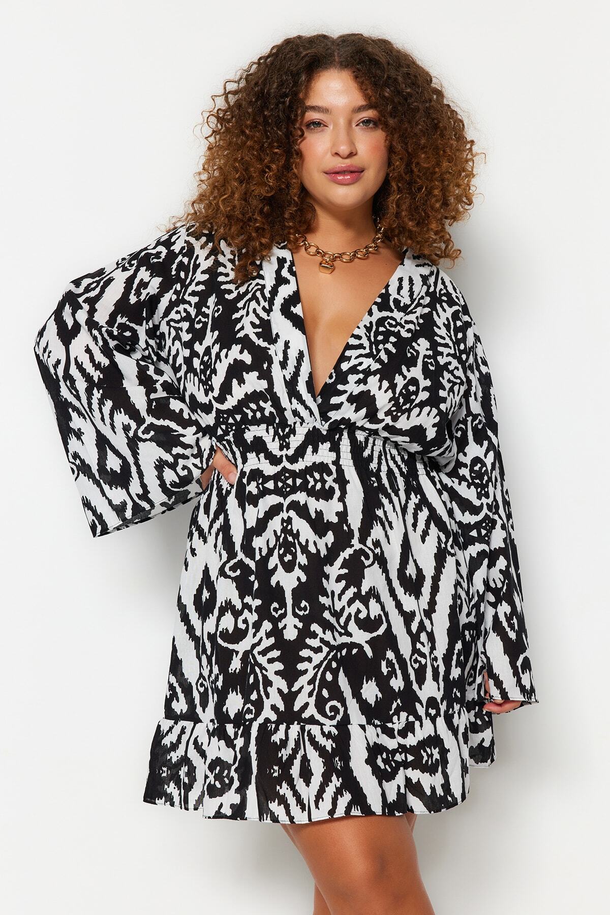 Trendyol Curve-فستان قصير بأكمام إسبانية - نمط عرقي، مقاس كبير TBBSS23AH00114 3