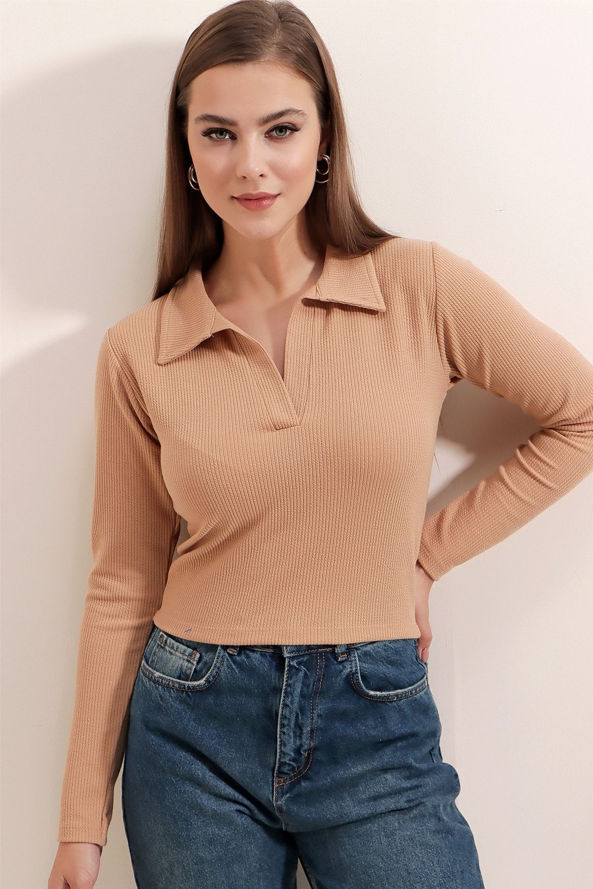 Pattaya-Women's Polo Neck Ribbed Crop Blouse P22w191-5421 6