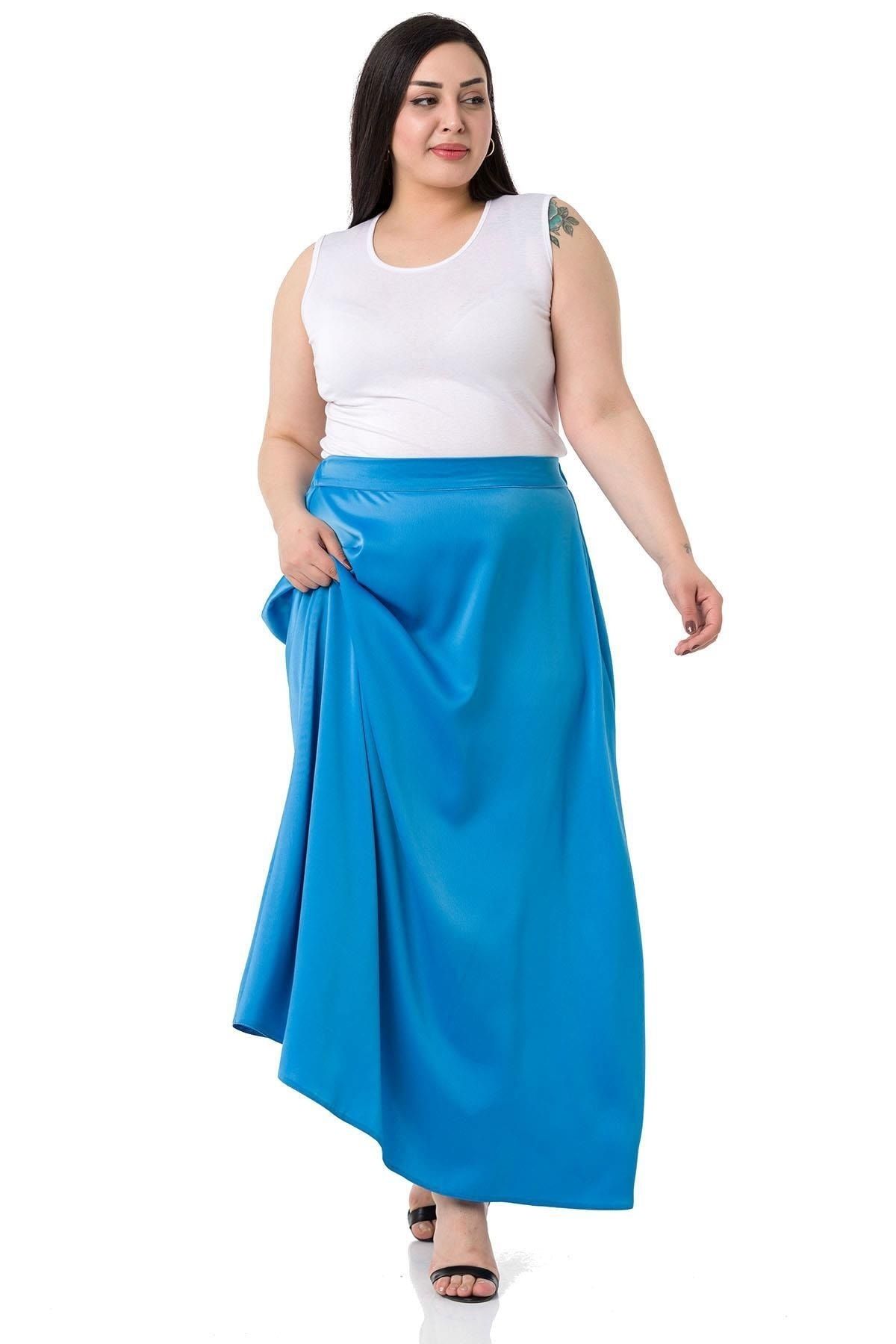 DISENTIS MODEST-Large Size Elastic Waist Back Flared Satin Long Turquoise Skirt 4
