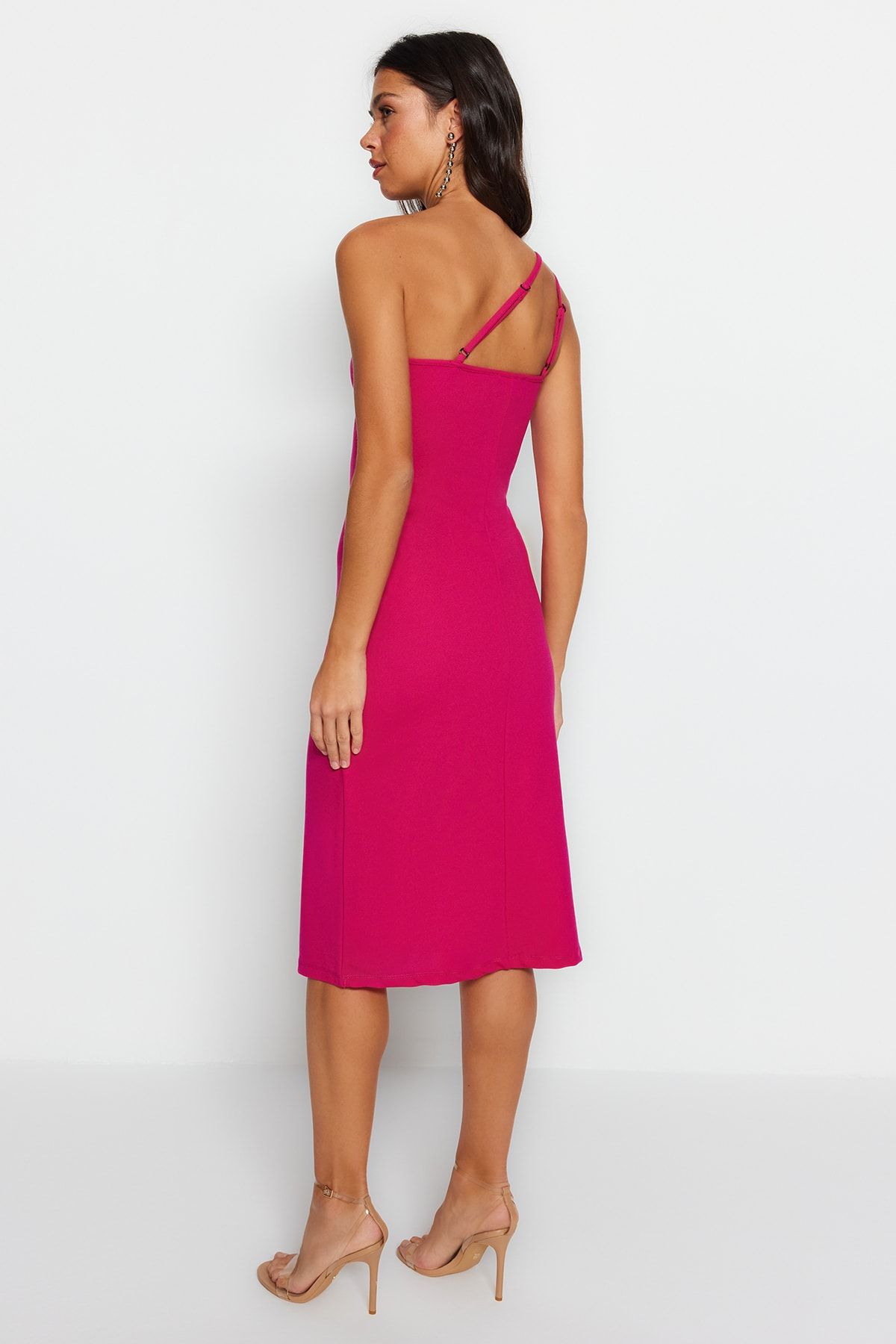 Trendyol Collection-Fuchsia One Shoulder A-Line Midi Smart Crepe Πλεκτό Φόρεμα TWOSS23EL02303 5