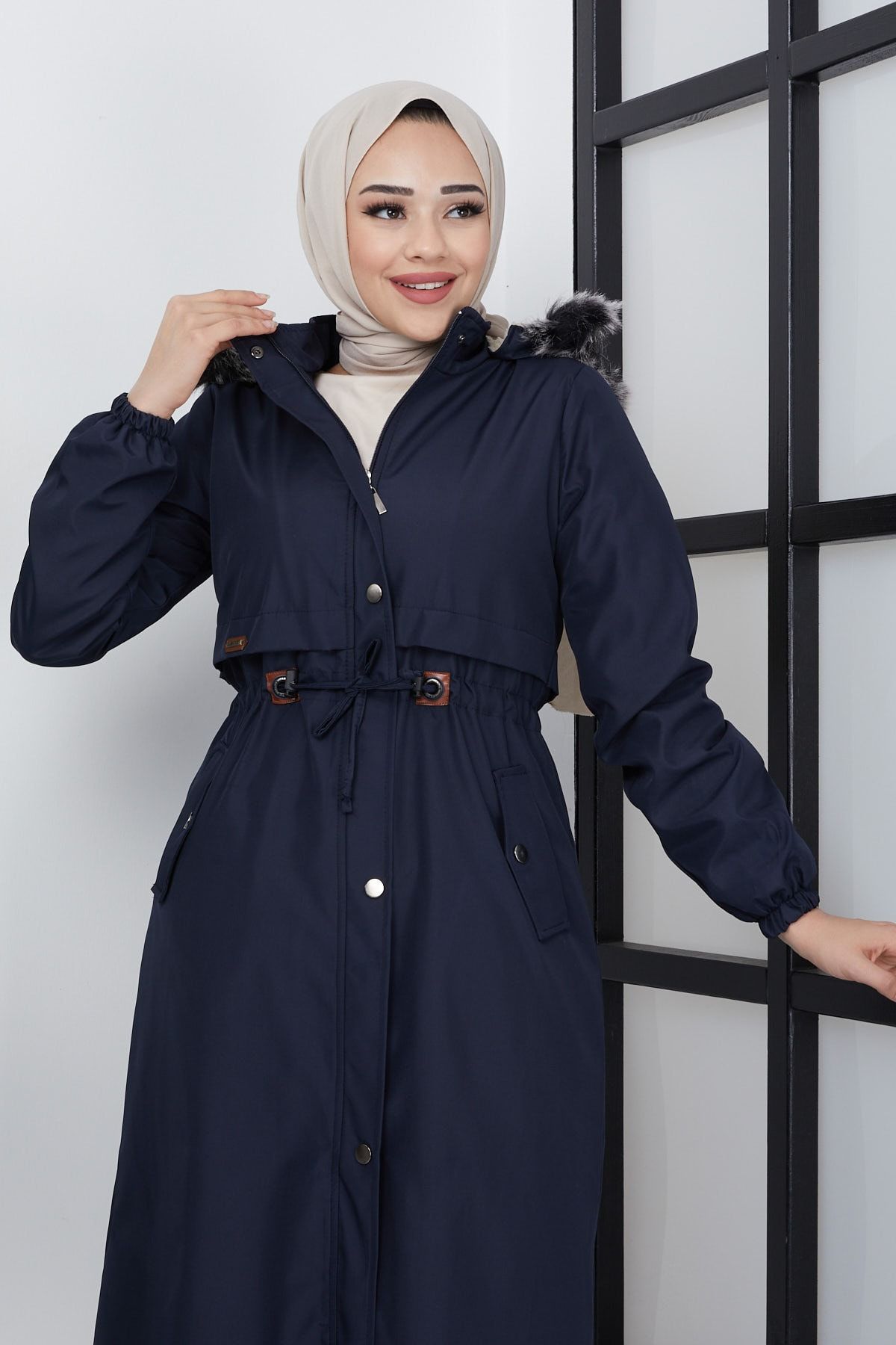 İmajButik-Navy Blue Women's Modest Hooded Fur Lined Gathered Bondic Hijab Coat 2