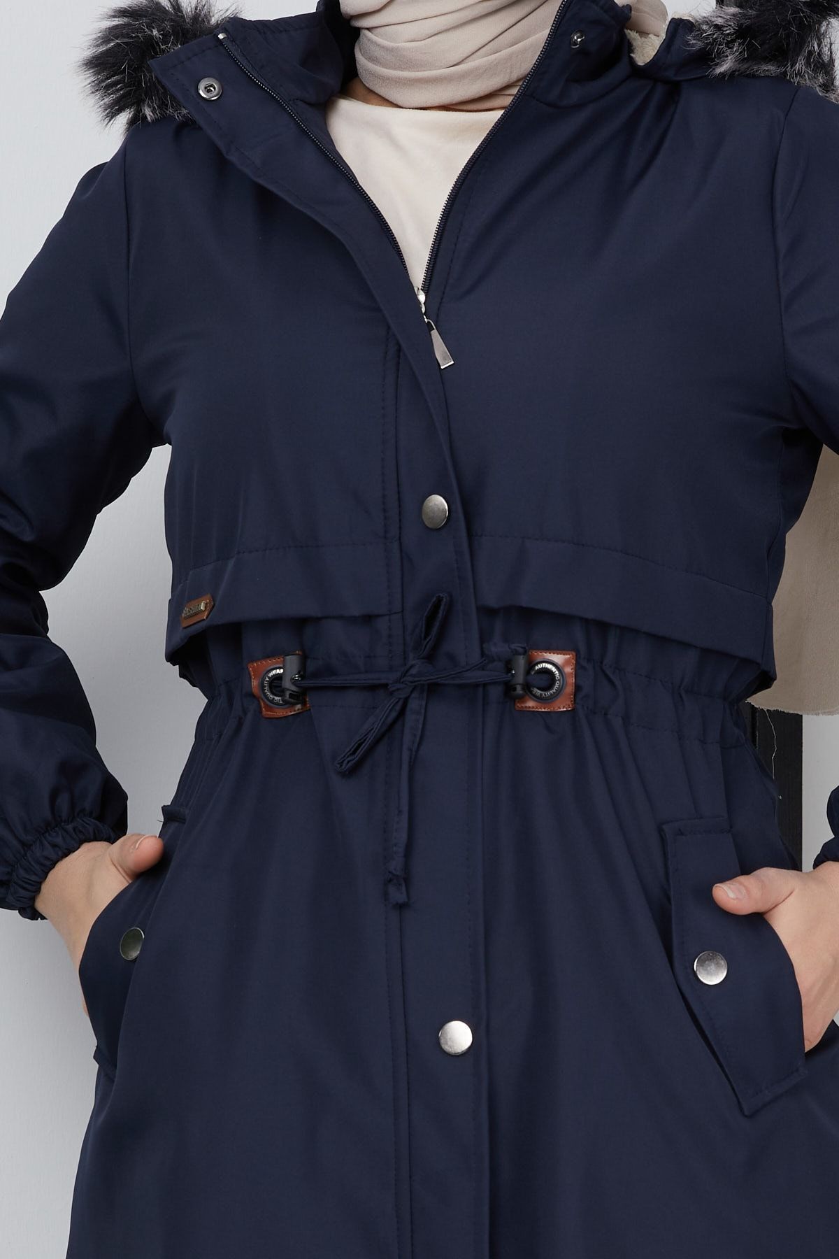 İmajButik-Navy Blue Women's Modest Hooded Fur Lined Gathered Bondic Hijab Coat 3
