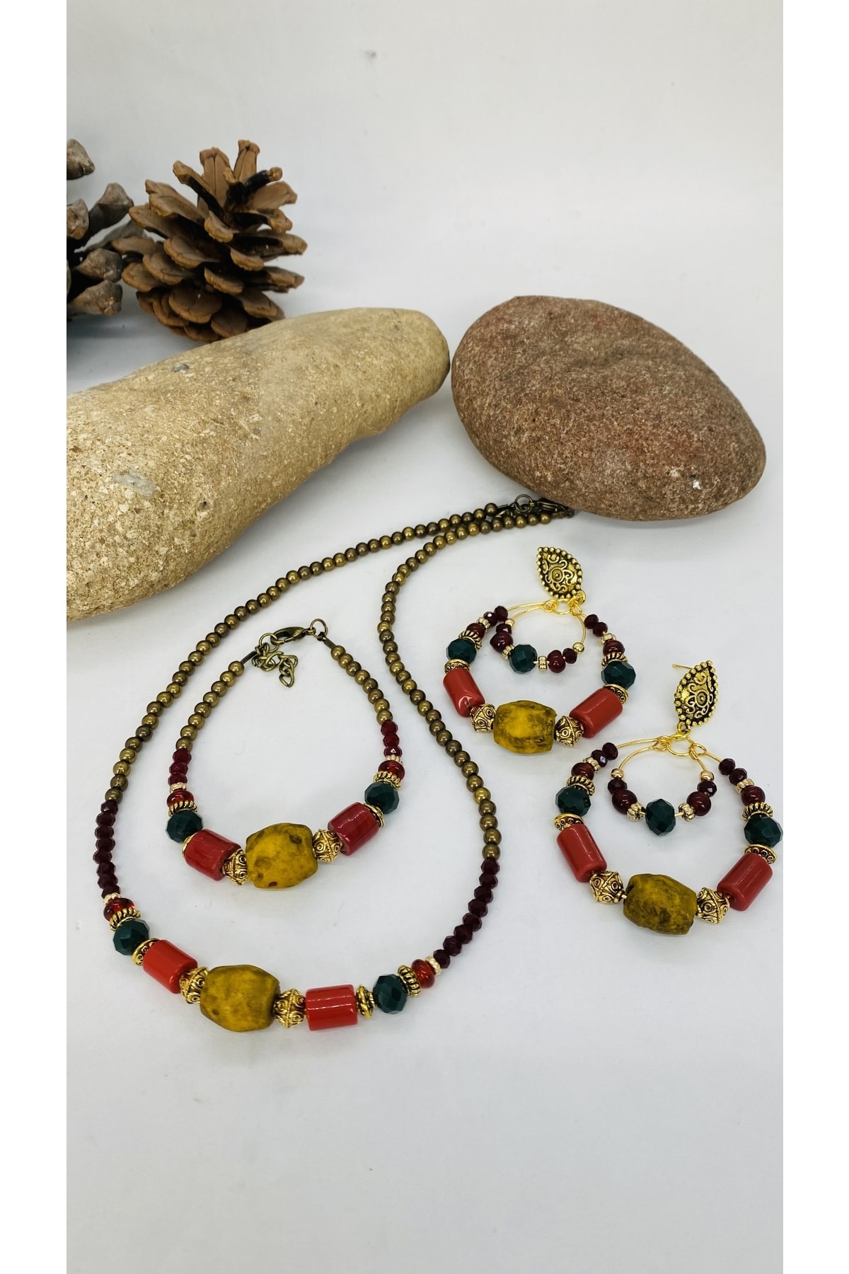 El Yapımı Etnik Hint Camı Kadın Kolye Bileklik Küpe Set 2