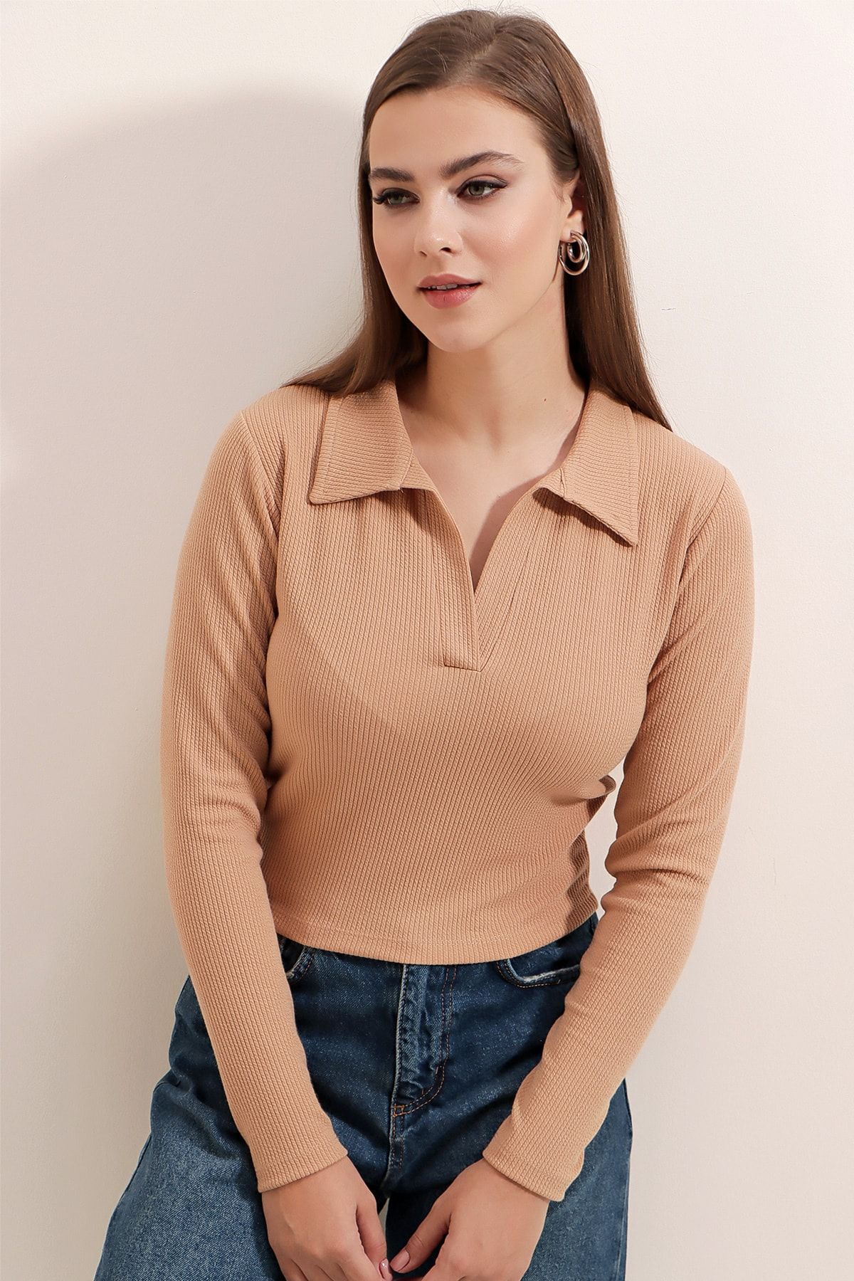 Pattaya-Women's Polo Neck Ribbed Crop Blouse P22w191-5421 5