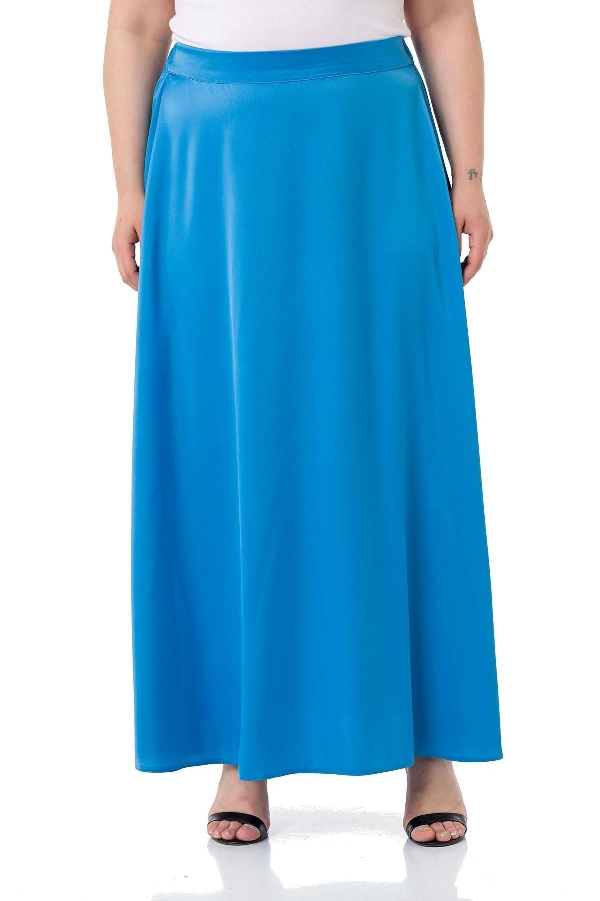 DISENTIS MODEST-Large Size Elastic Waist Back Flared Satin Long Turquoise Skirt 2