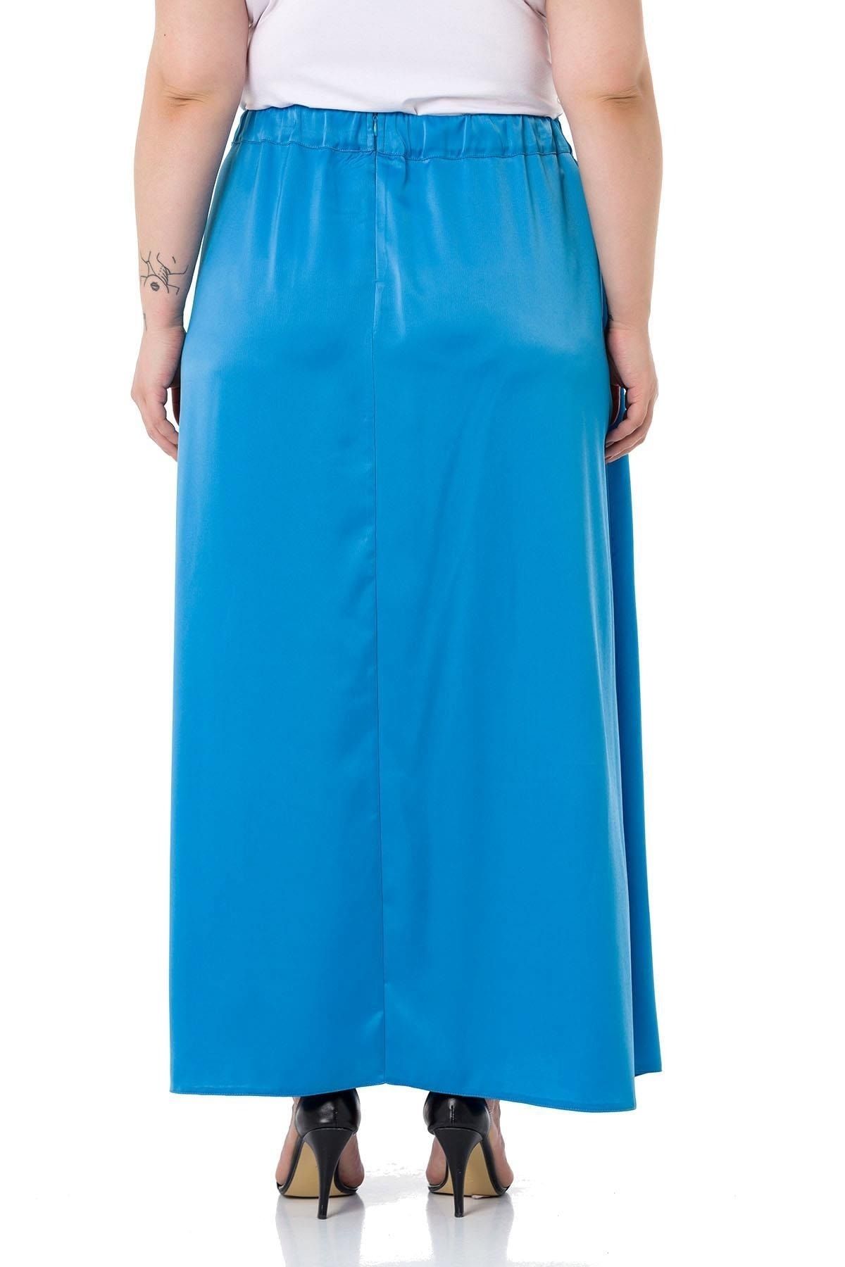 DISENTIS MODEST-Large Size Elastic Waist Back Flared Satin Long Turquoise Skirt 3