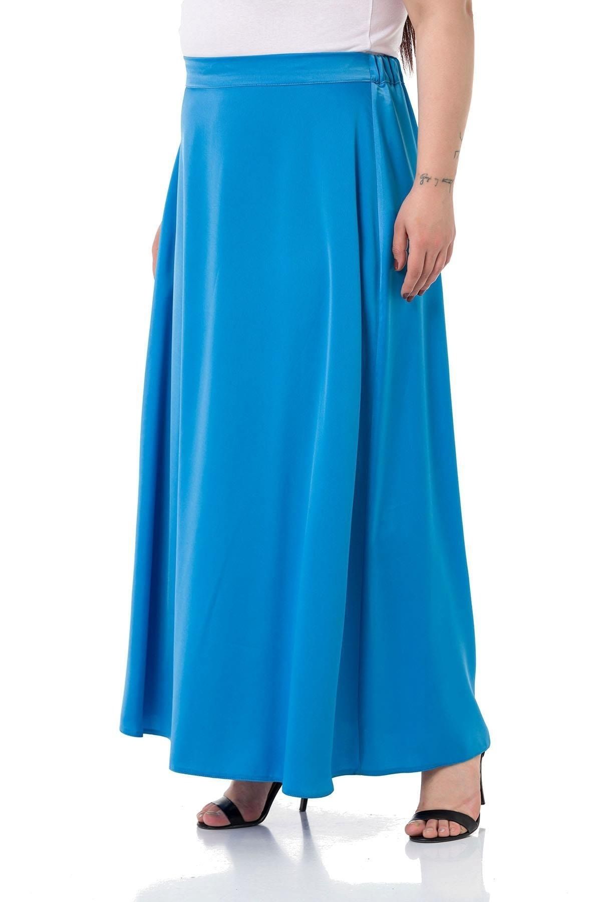 DISENTIS MODEST-Large Size Elastic Waist Back Flared Satin Long Turquoise Skirt 5