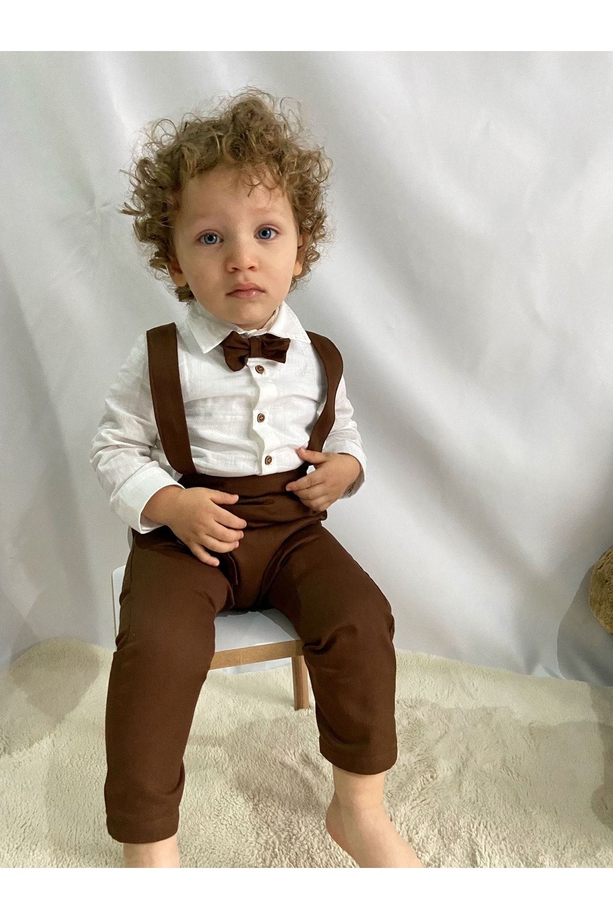 Poplinkids Kahve Rengi Klasik Salopet Keten Gömlek Takım 158