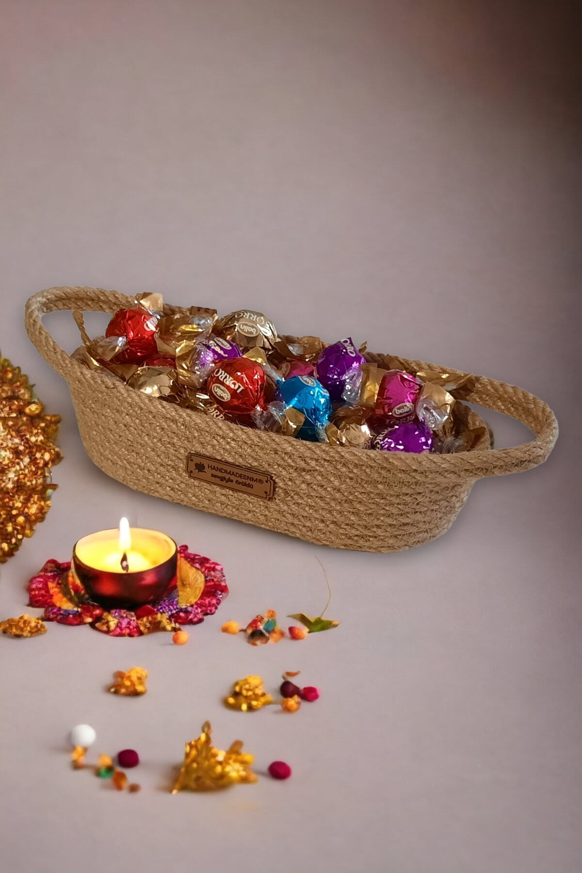 HandmadeSNM Çikolata & Şeker Sepeti Hasır Şekerlik Kulplu Sepet
