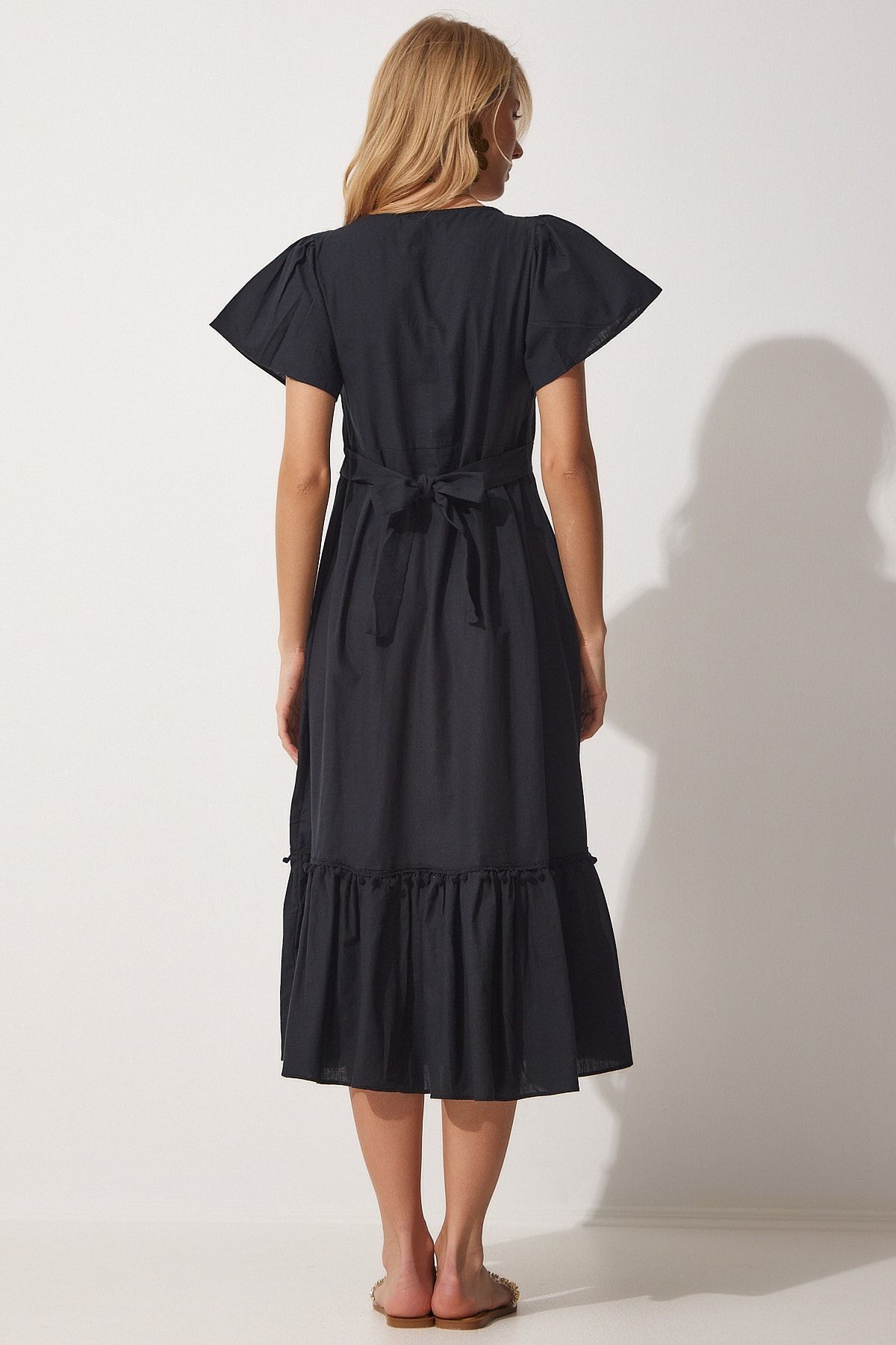 Happiness İstanbul-Schwarzes Leinenkleid mit quadratischem Kragen für Damen JH00046 4