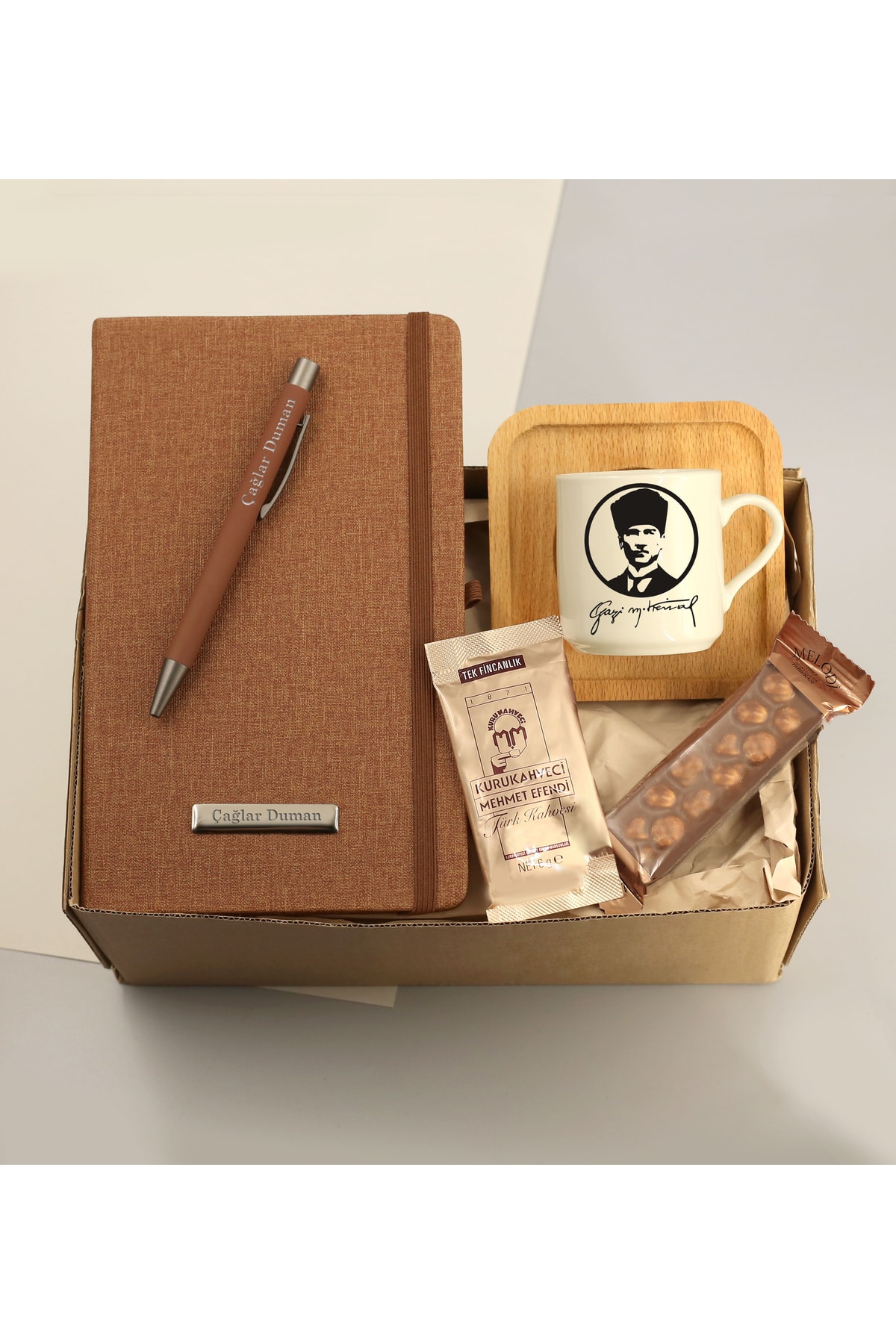 Personalized Notebook & Personalized Pen & Ataturk Printed Cup & Chocolate & Turkish Coffee Gift Set