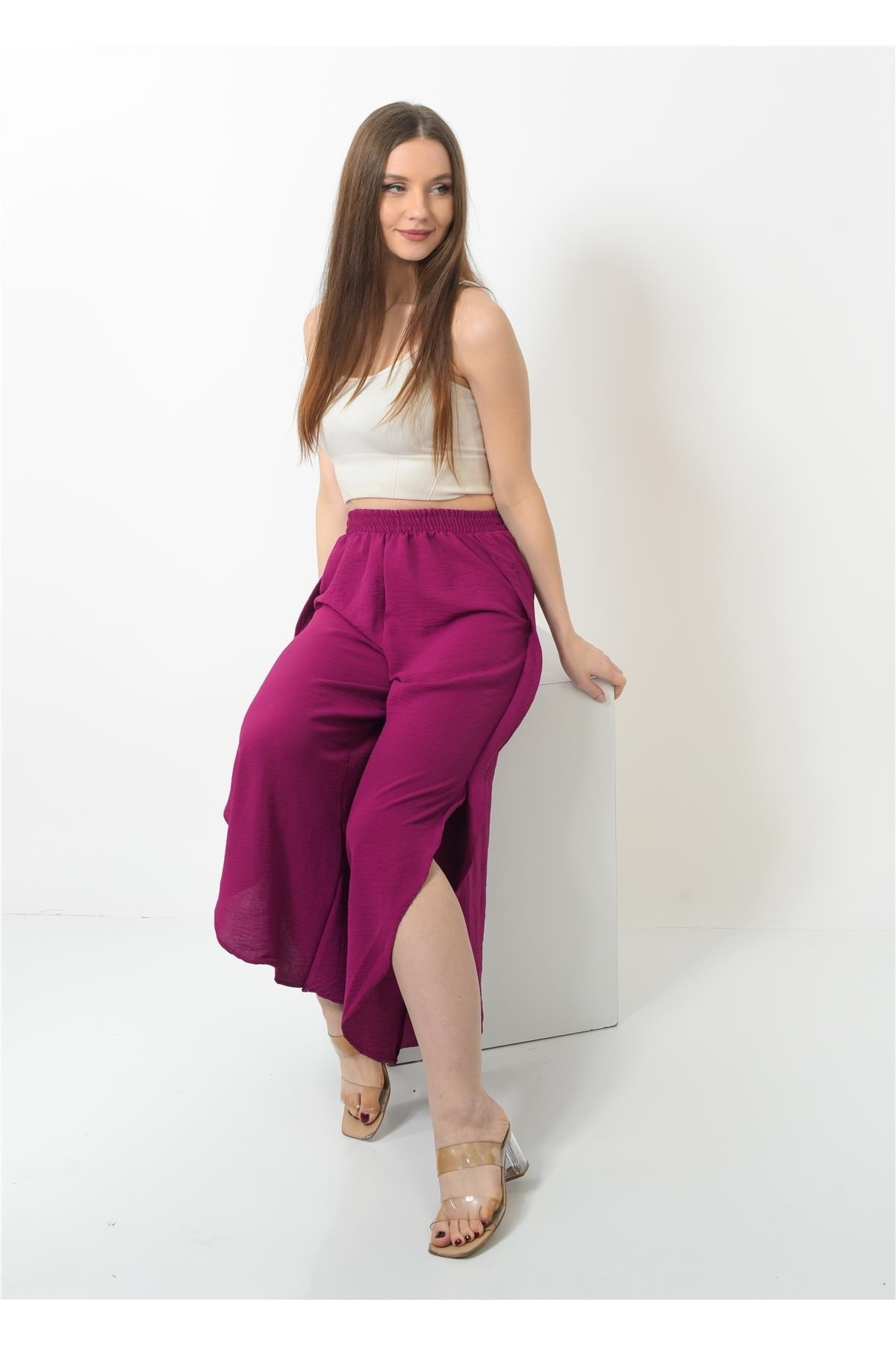 Nuseel Kadın Yanı Yırtmaçlı Şalvar Pantolon Nar Çiçeği Rengi Fiyatı ...