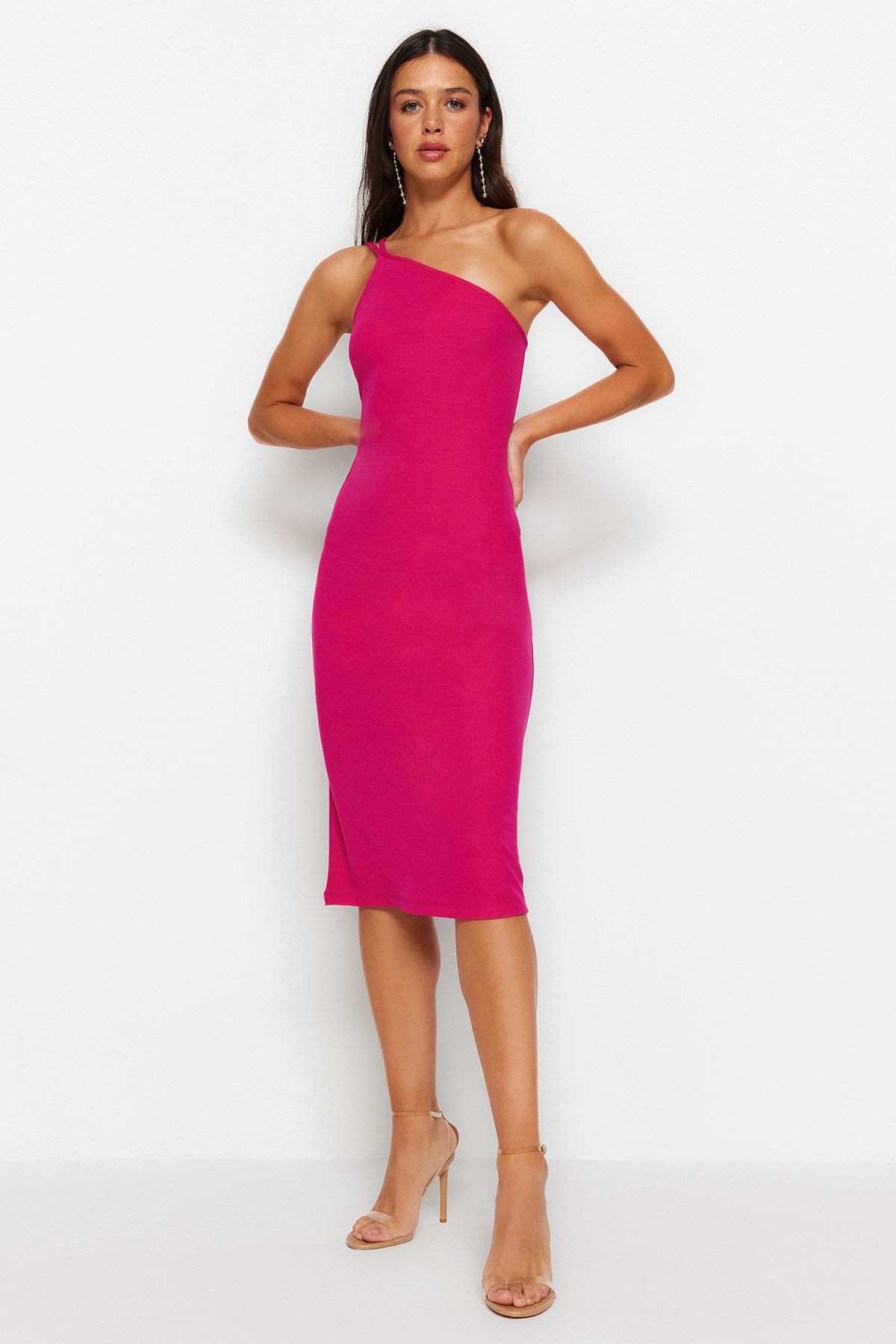 Trendyol Collection-Fuchsia One Shoulder A-Line Midi Smart Crepe Πλεκτό Φόρεμα TWOSS23EL02303 2