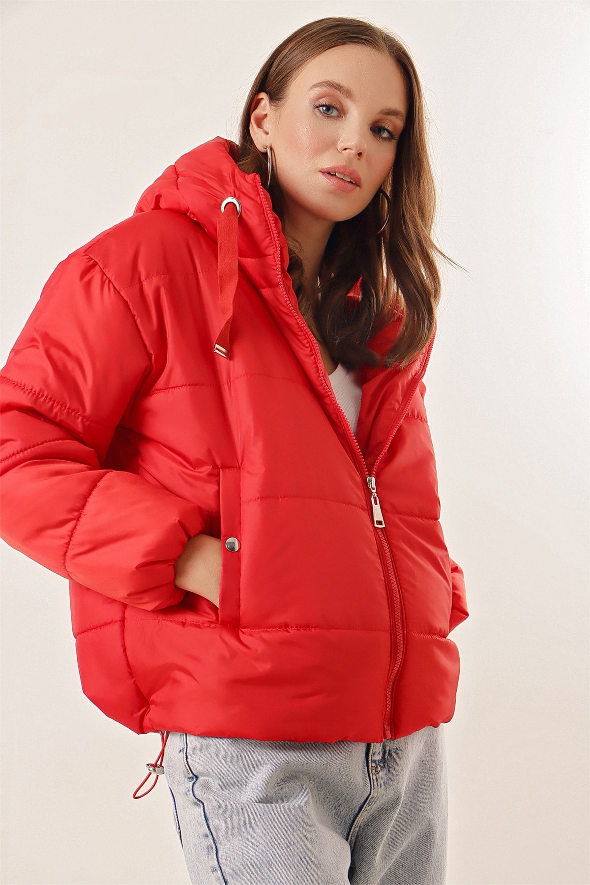 L&t puff jacket red store