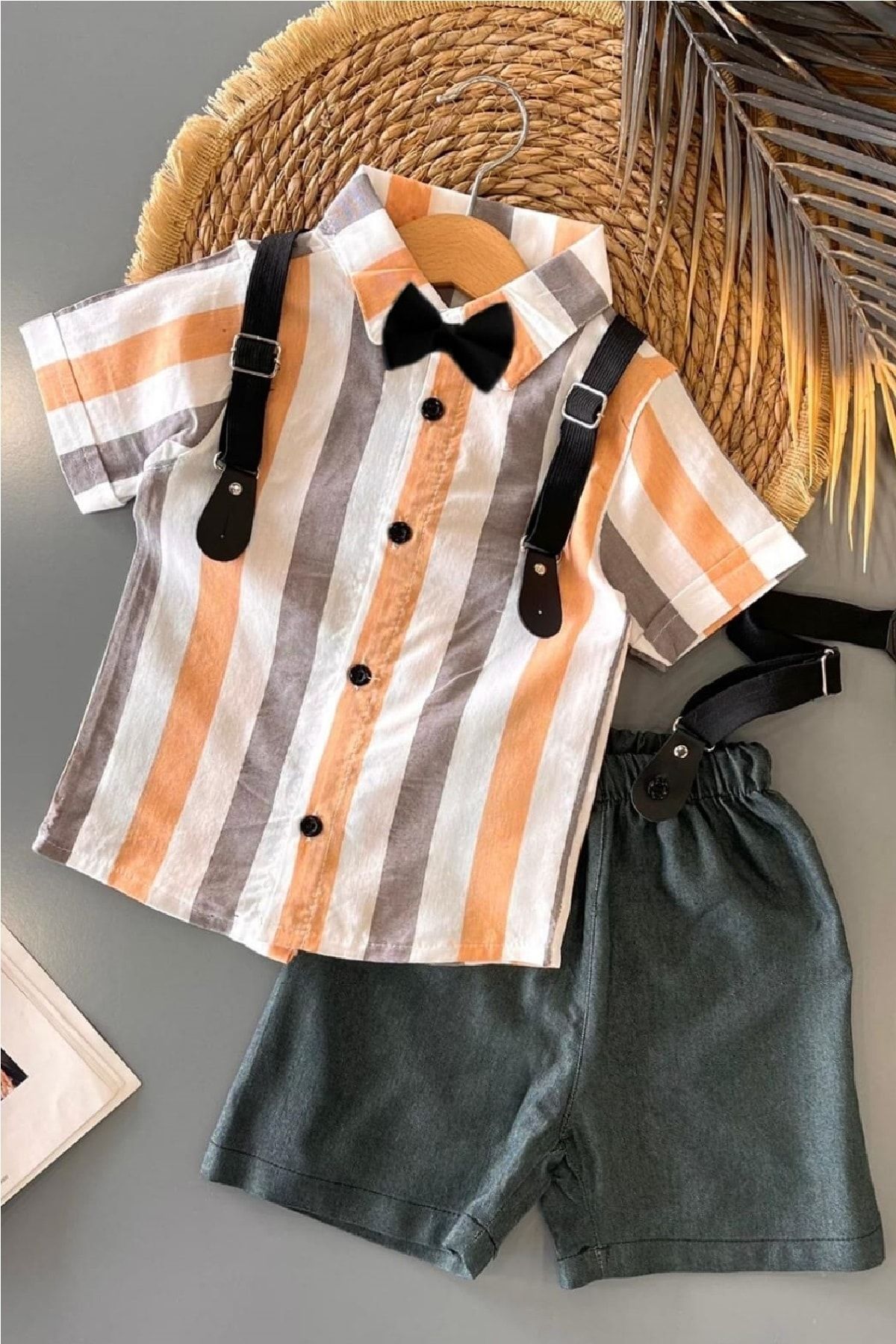 D NAM K Boy s Summer Striped Shirt Suit with Bow Tie and
