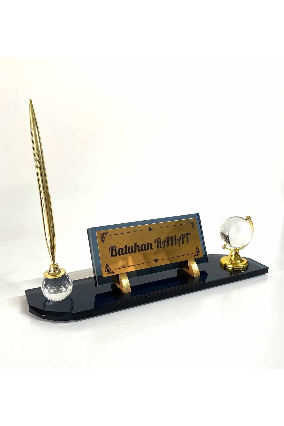 Suba Kristal Masa Üstü Cam Isimlik Kalem Ve Dünya Aksesuarlı Füme Hediye Seti