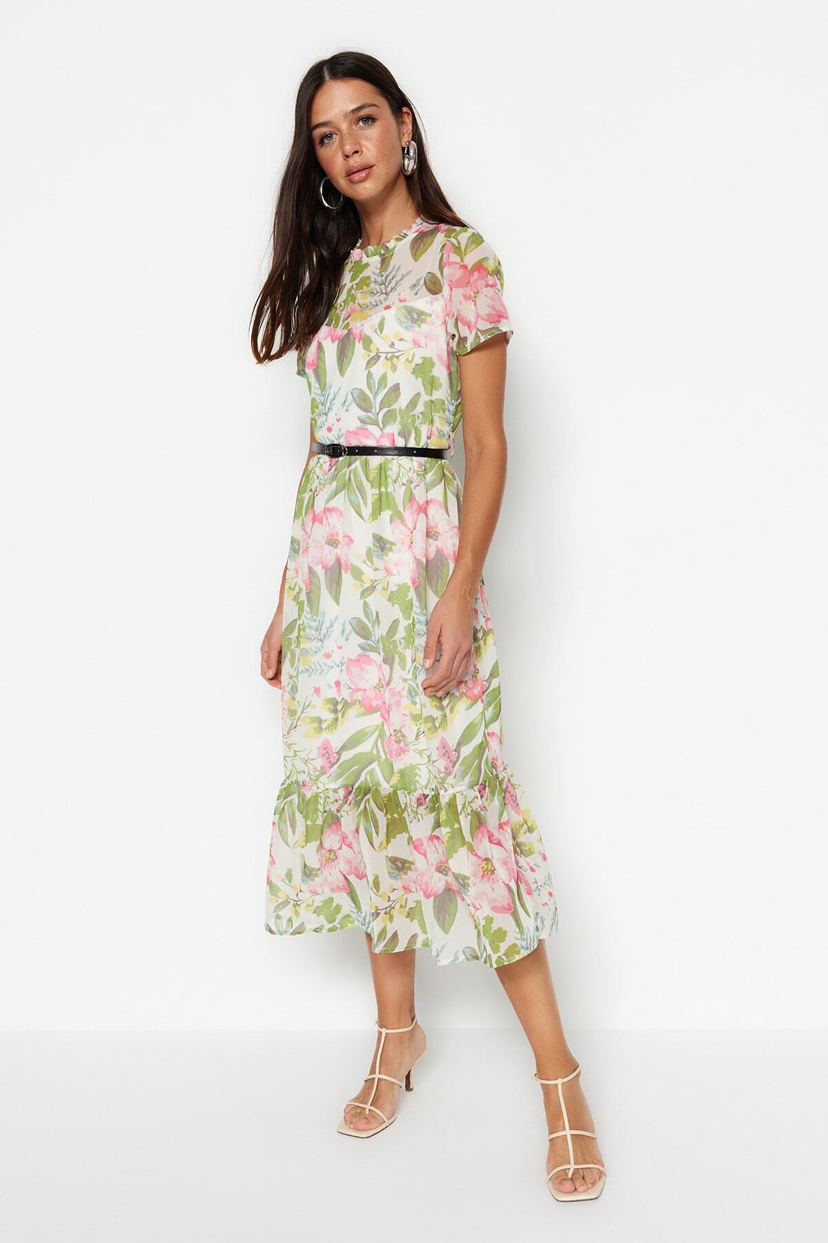 Trendyol Collection Různobarevné tkané květinové tkané šaty A-Line TWOSS23EL02394