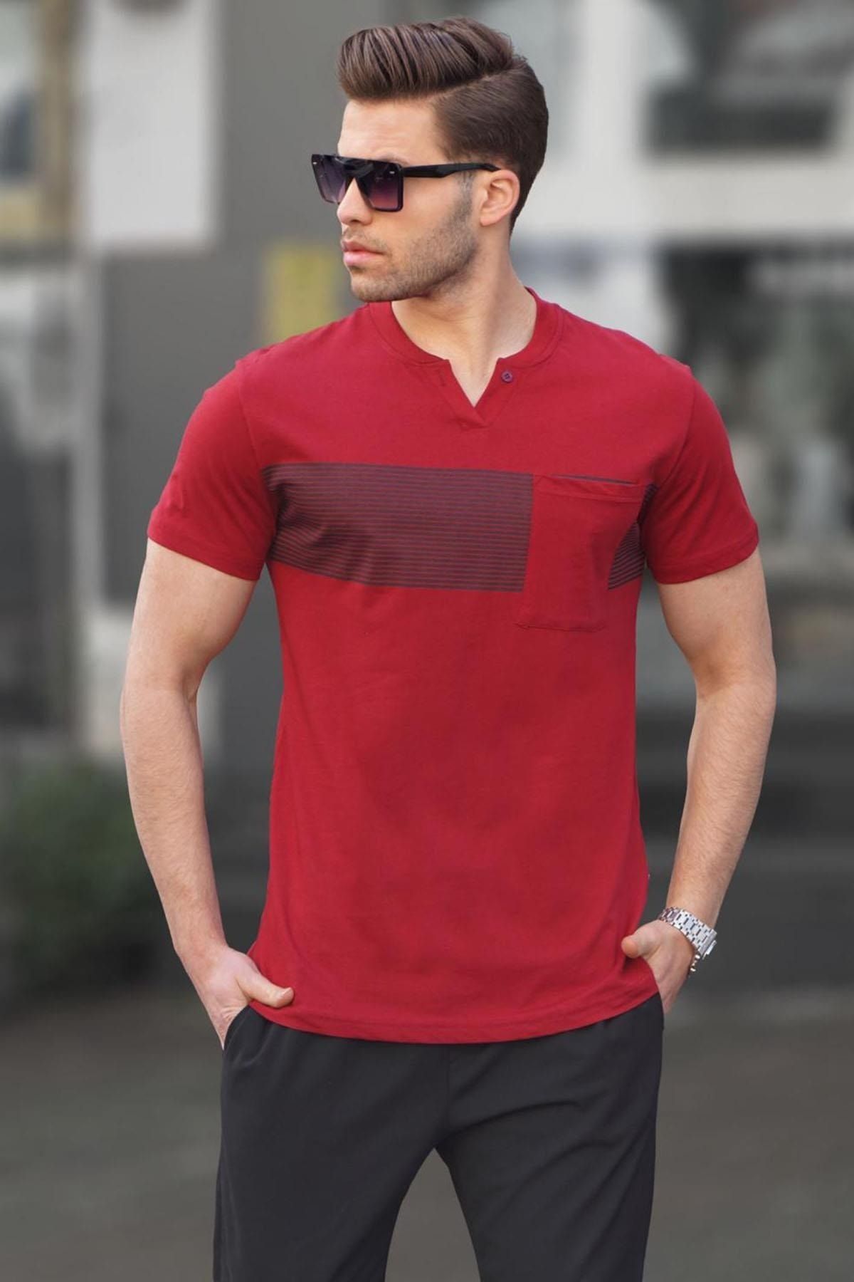 تی شرت یقه خدمه طرح چاپی جیب دار مدل اسلیم فیت آستین کوتاه مردانه مدمکست Madmext (ساخت ترکیه)