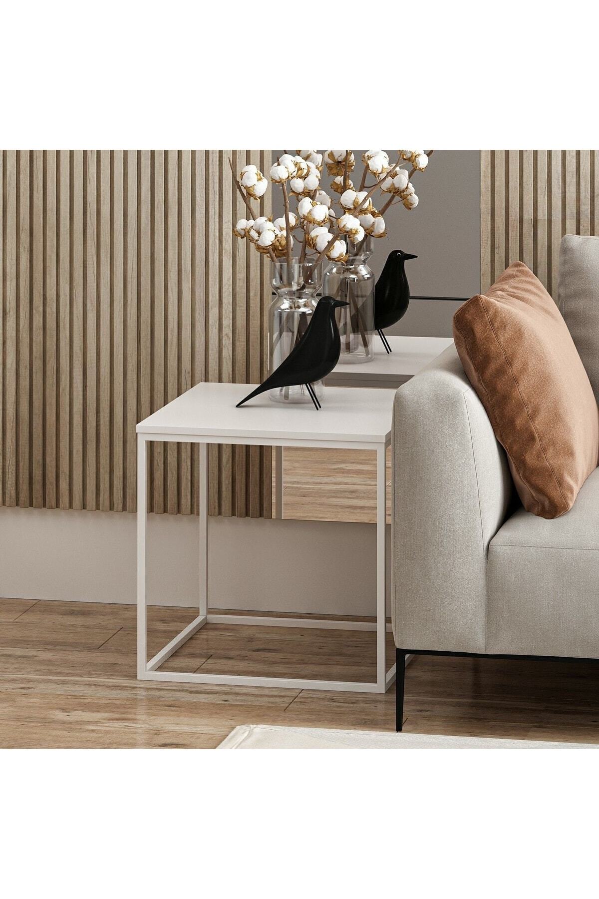 tino furniture Alaska 40x40 Metal Ayaklı Yan Sehpa Beyaz Fiyatı