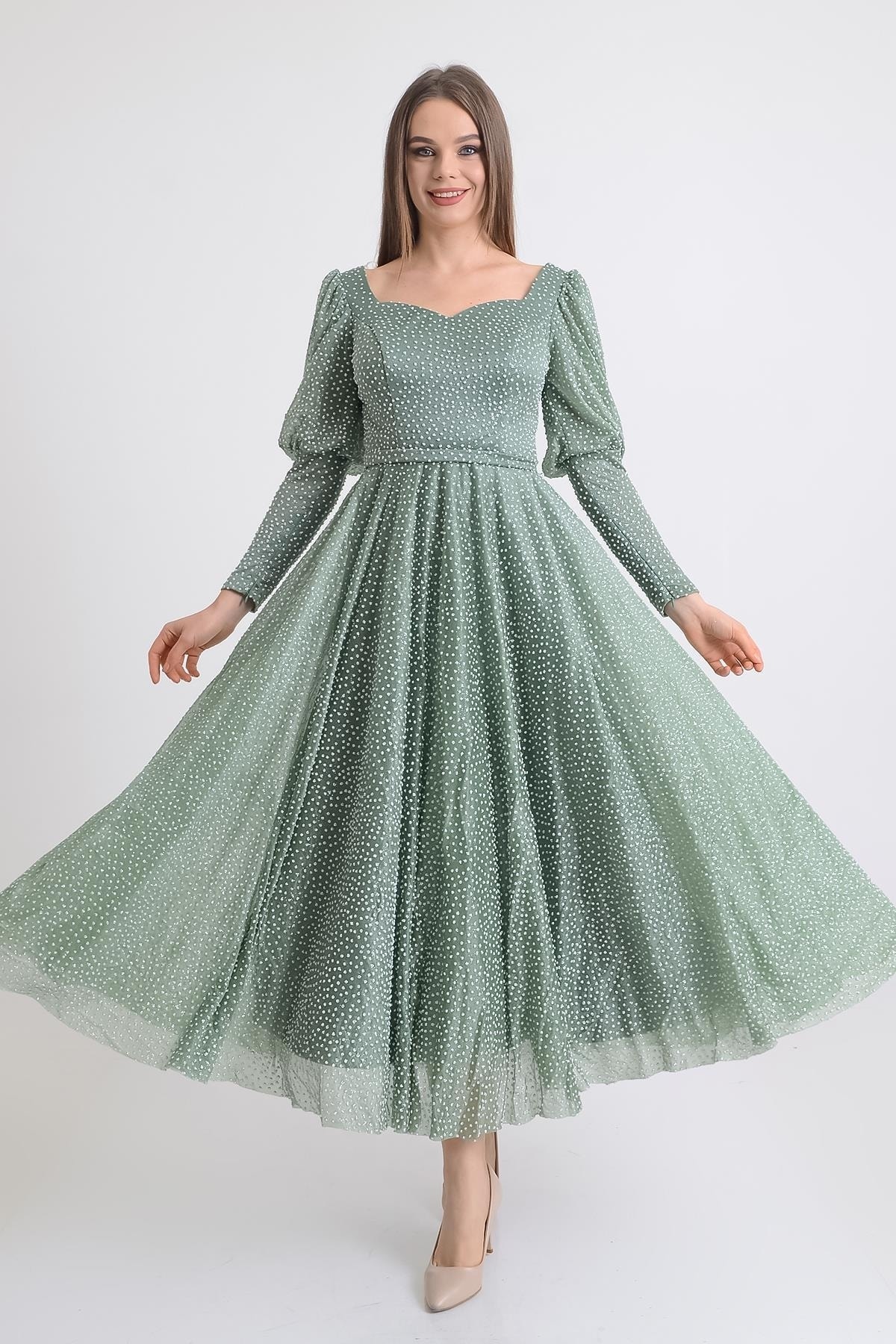 Green Balloon Sleeve Midi Size Evening Dress