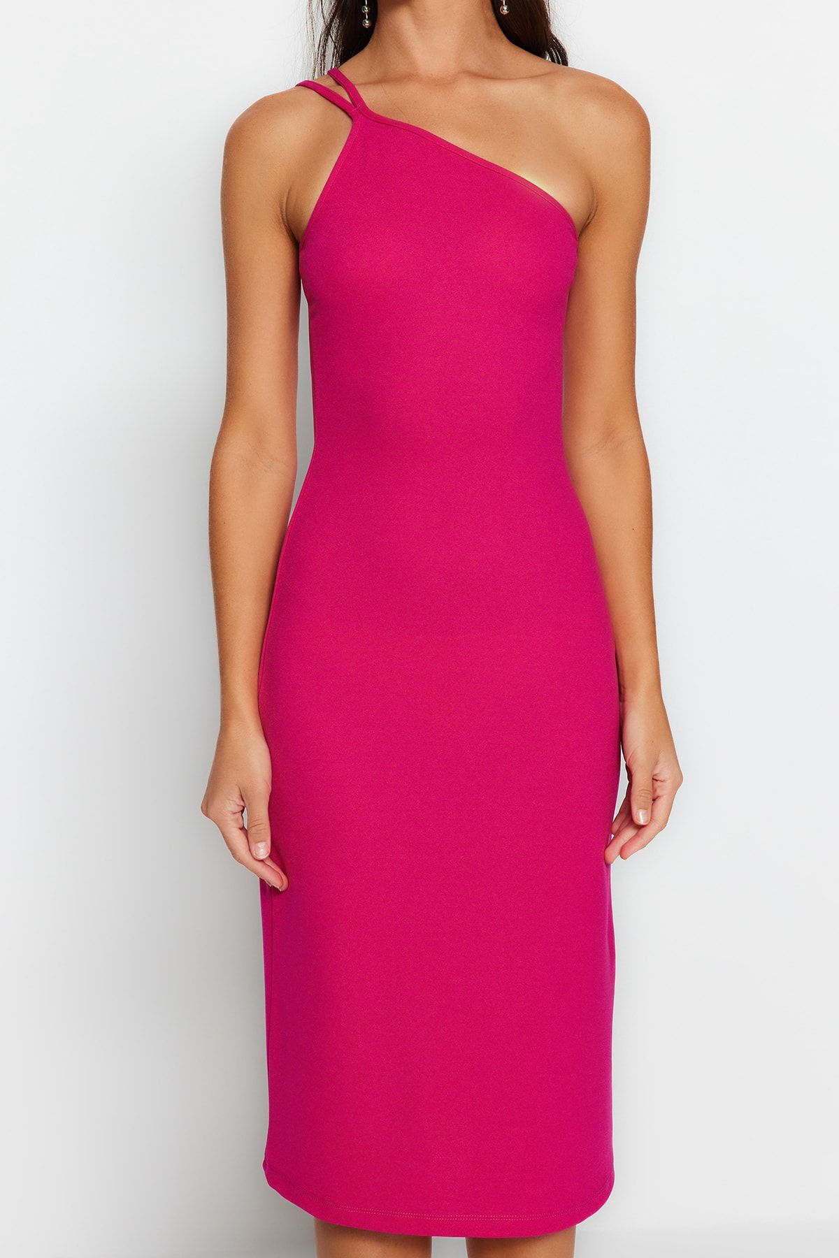 Trendyol Collection-Fuchsia One Shoulder A-Line Midi Smart Crepe Πλεκτό Φόρεμα TWOSS23EL02303 4