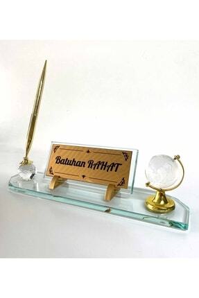 Genel Markalar Kristal Masa Üstü Cam Isimlik Kalem Ve Dünya Aksesuarlı Şeffaf...