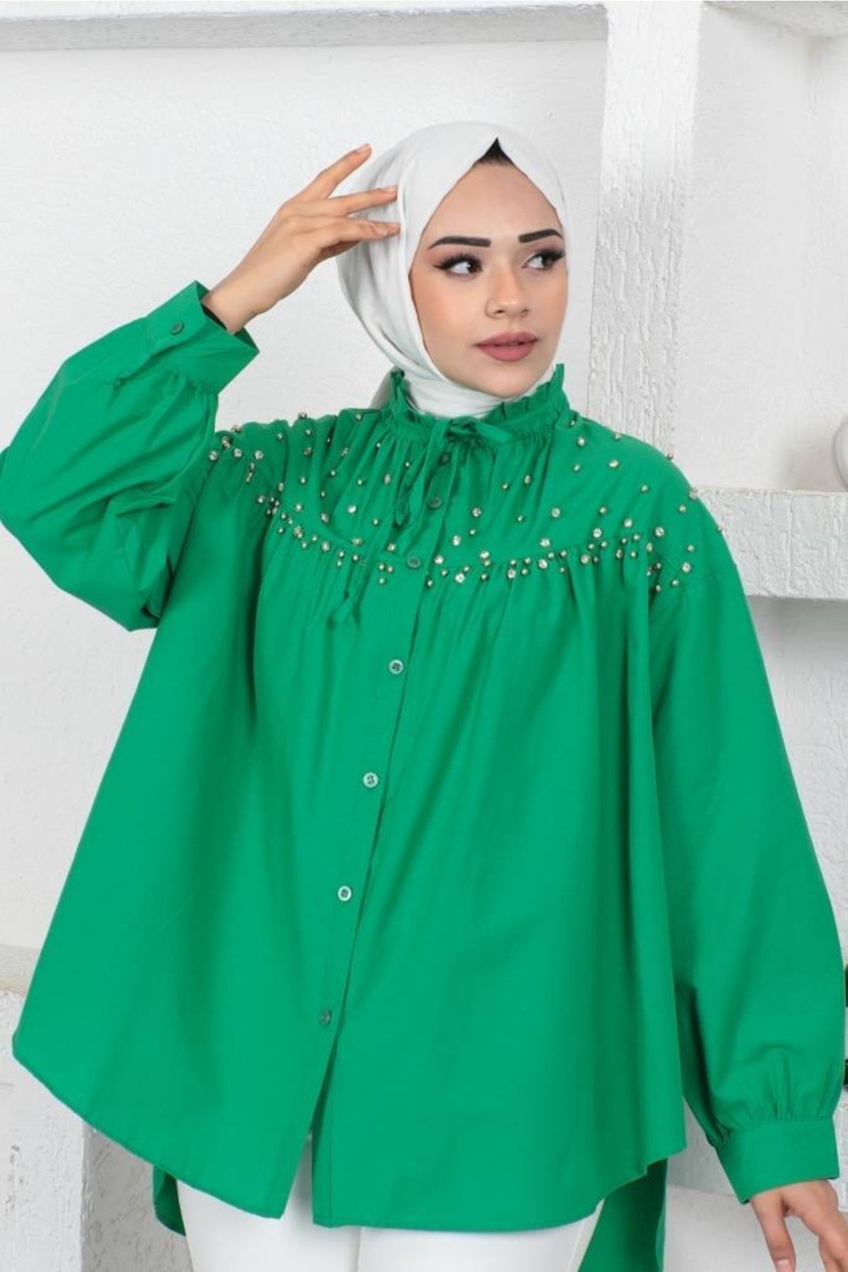 benguen-61546 قميص حجاب مزين بالخرز باللون الأخضر 2