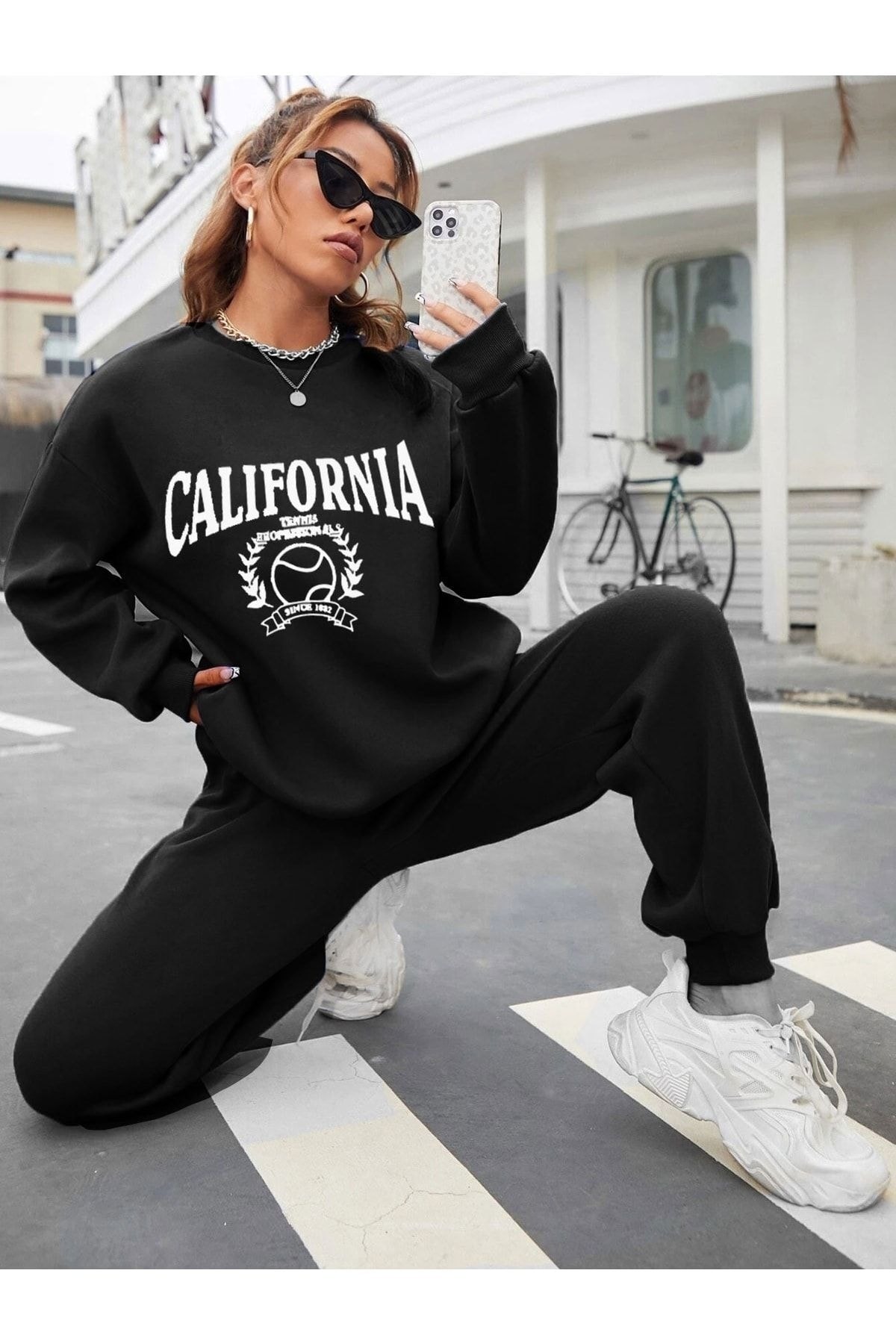Women's Black Tennis Printed Bottom Top Tracksuit Set Oversize Crew Neck