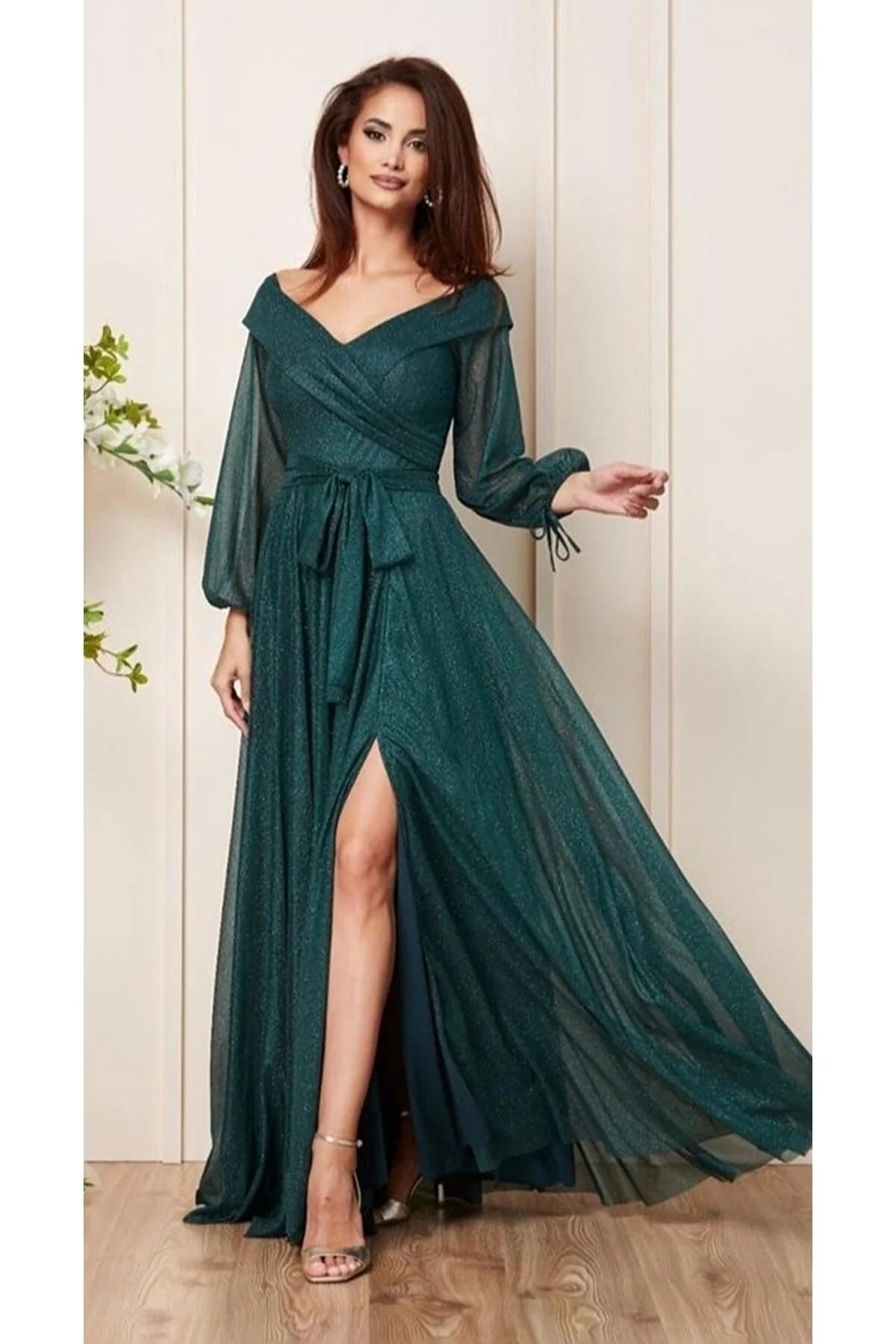 Emerald Green Laced Sleeve Belted Silvery Tulle Promise Engagement Dress Evening Dress