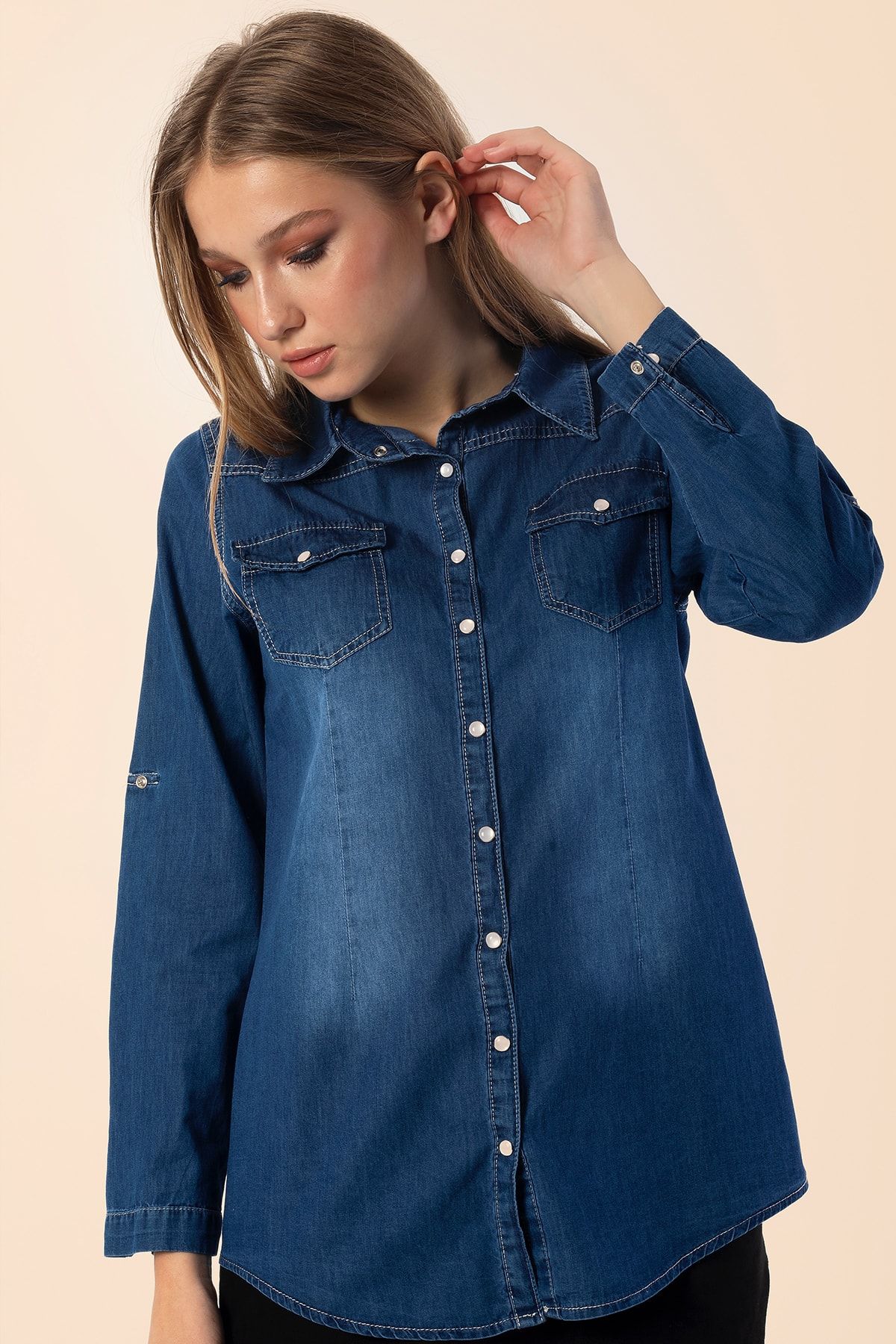 Dark denim shirt womens deals