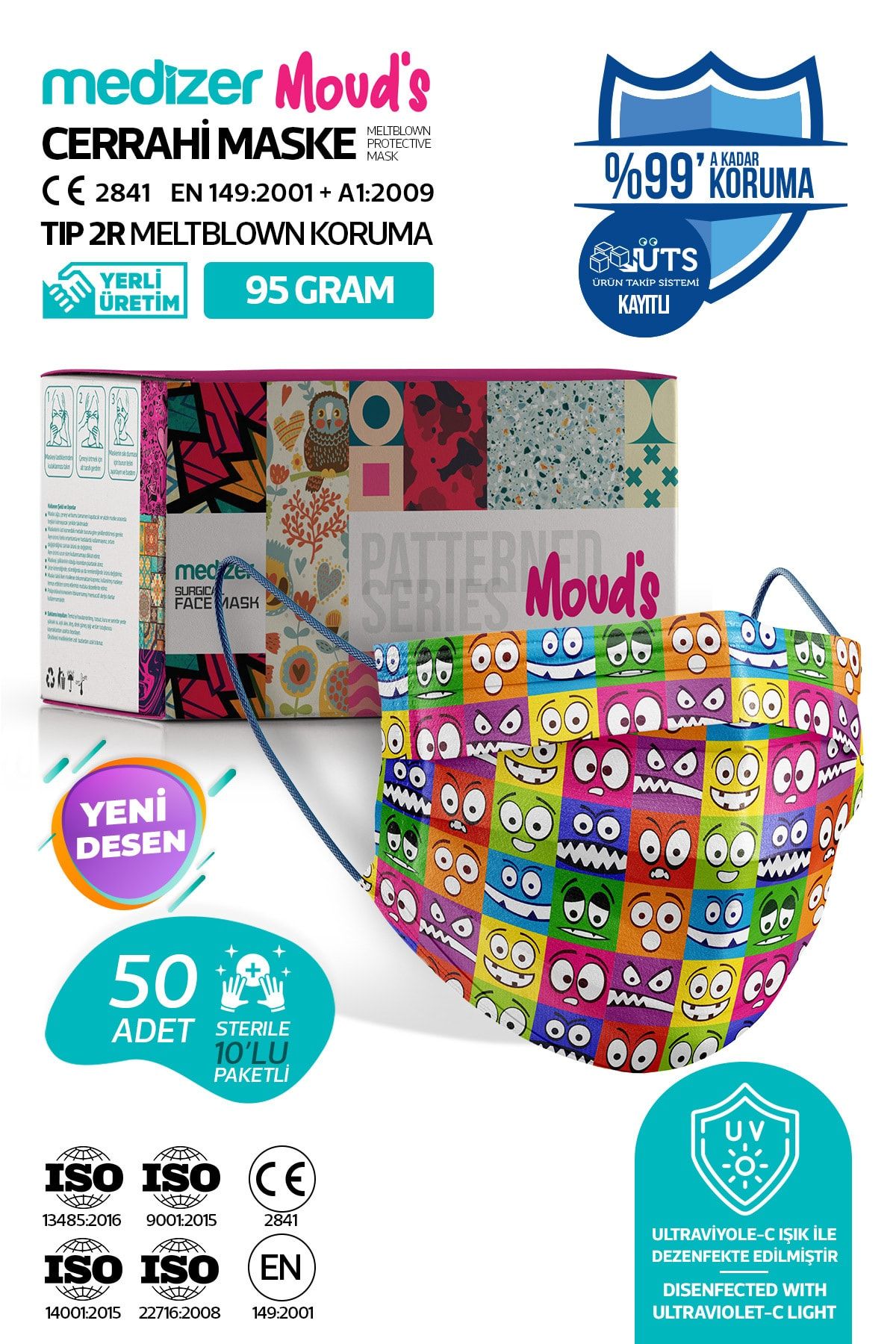 Medizer Meltblown Funny Face Desenli Cerrahi Maske - 50 Adet