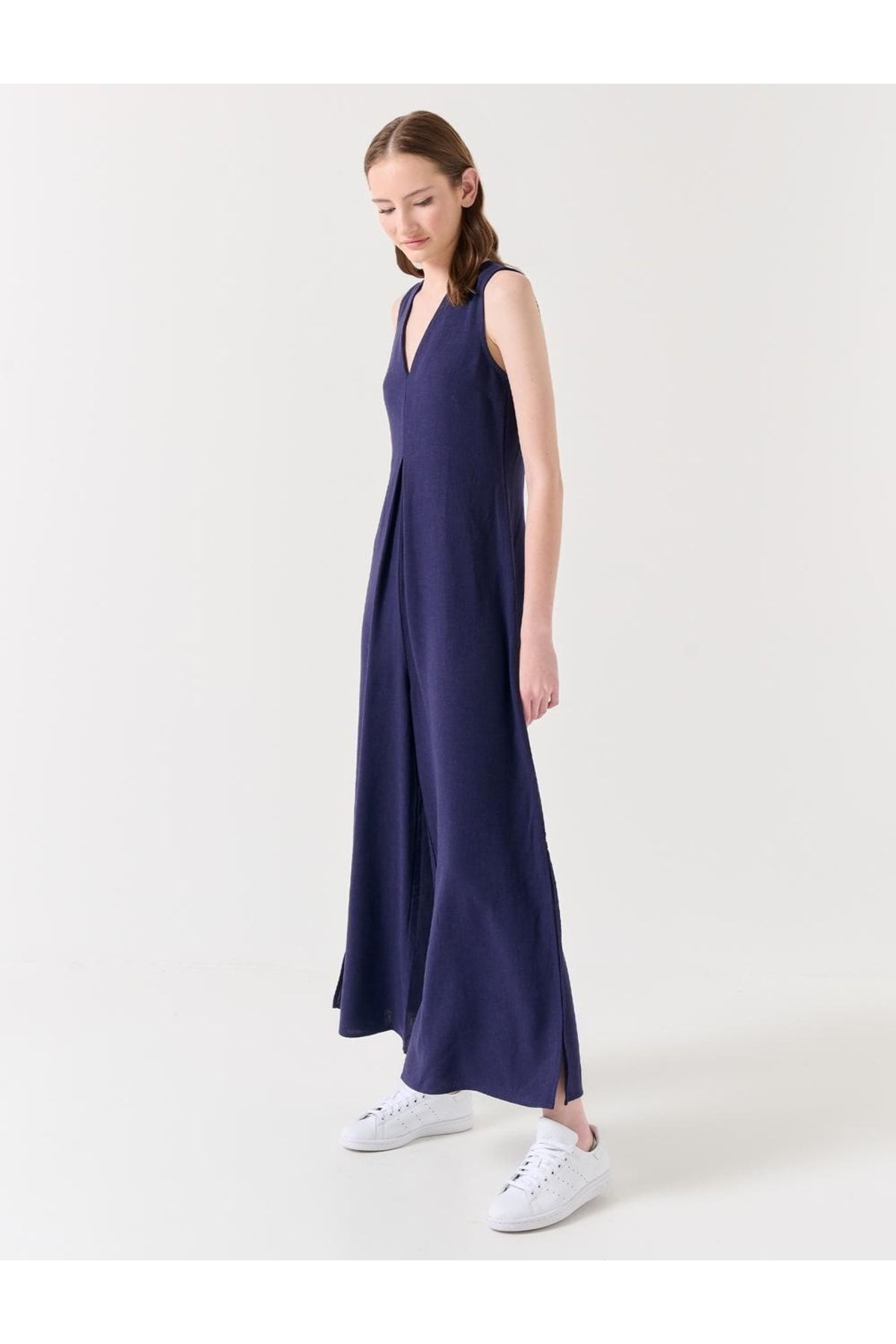 Jimmy Key Navy Blue Loose Cut Regular Size Linen Jumpsuit Trendyol