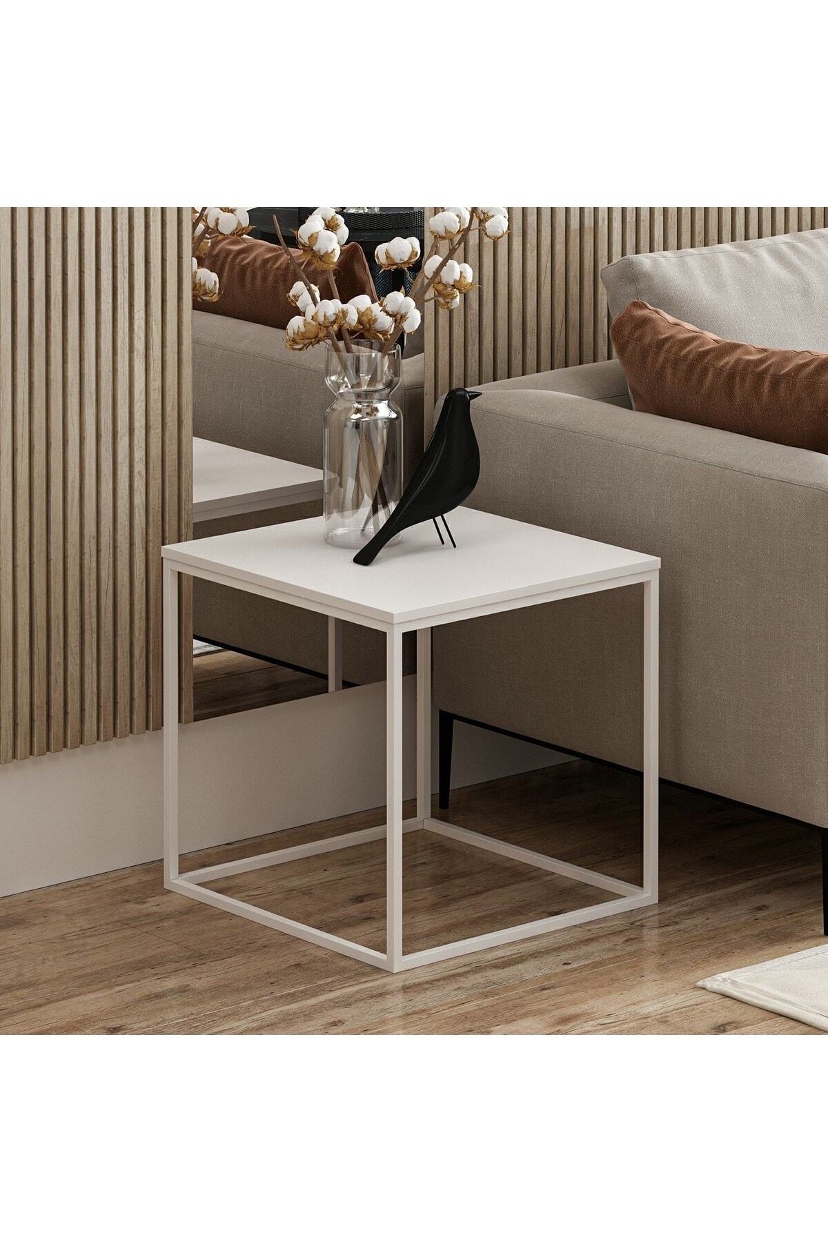 tino furniture Alaska 40x40 Metal Ayaklı Yan Sehpa Beyaz Fiyatı