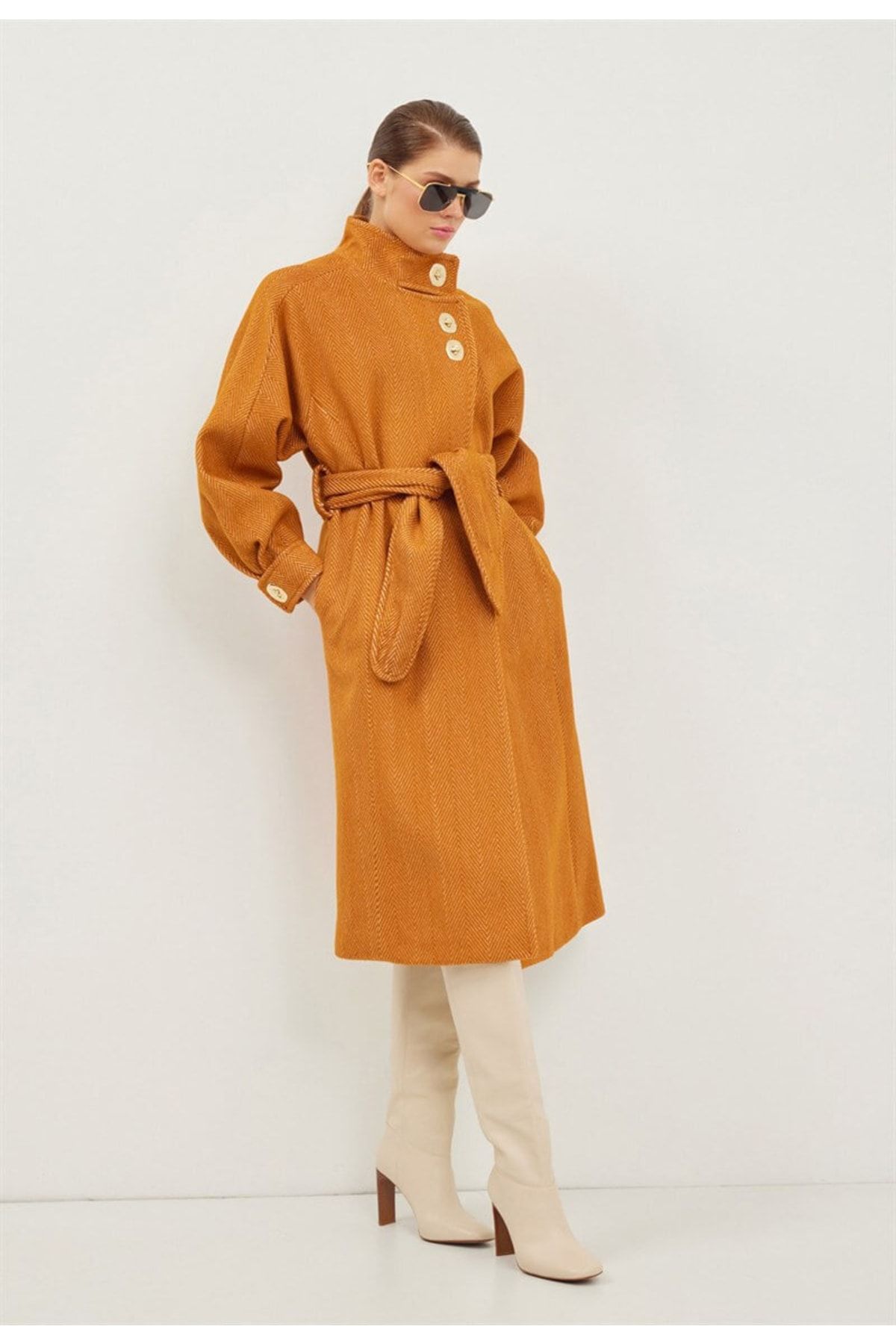 Belted tan coat top