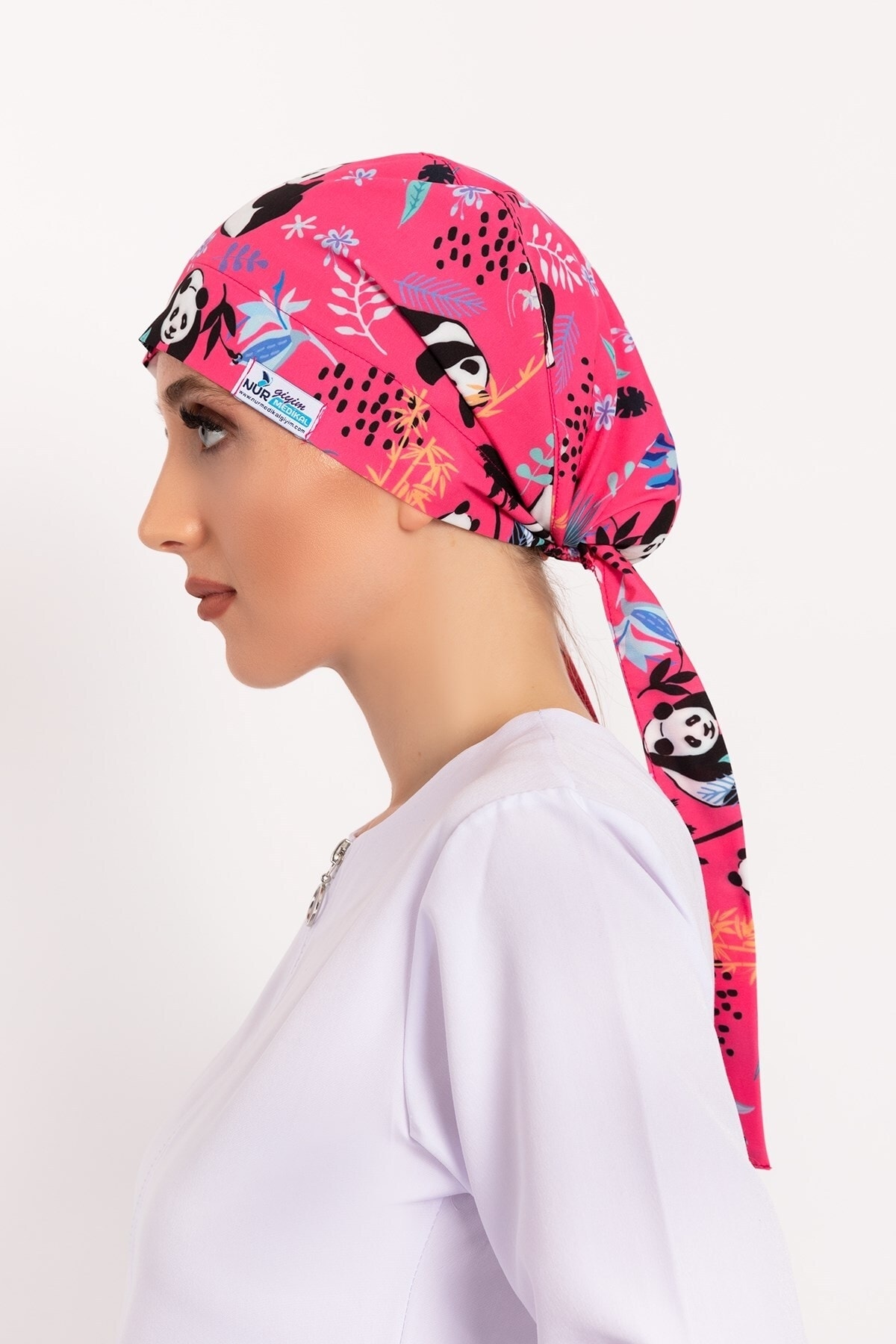 Women's Pink Panda Patterned Hijab Doctor Nurse Hospital Chef Surgical Bonnet