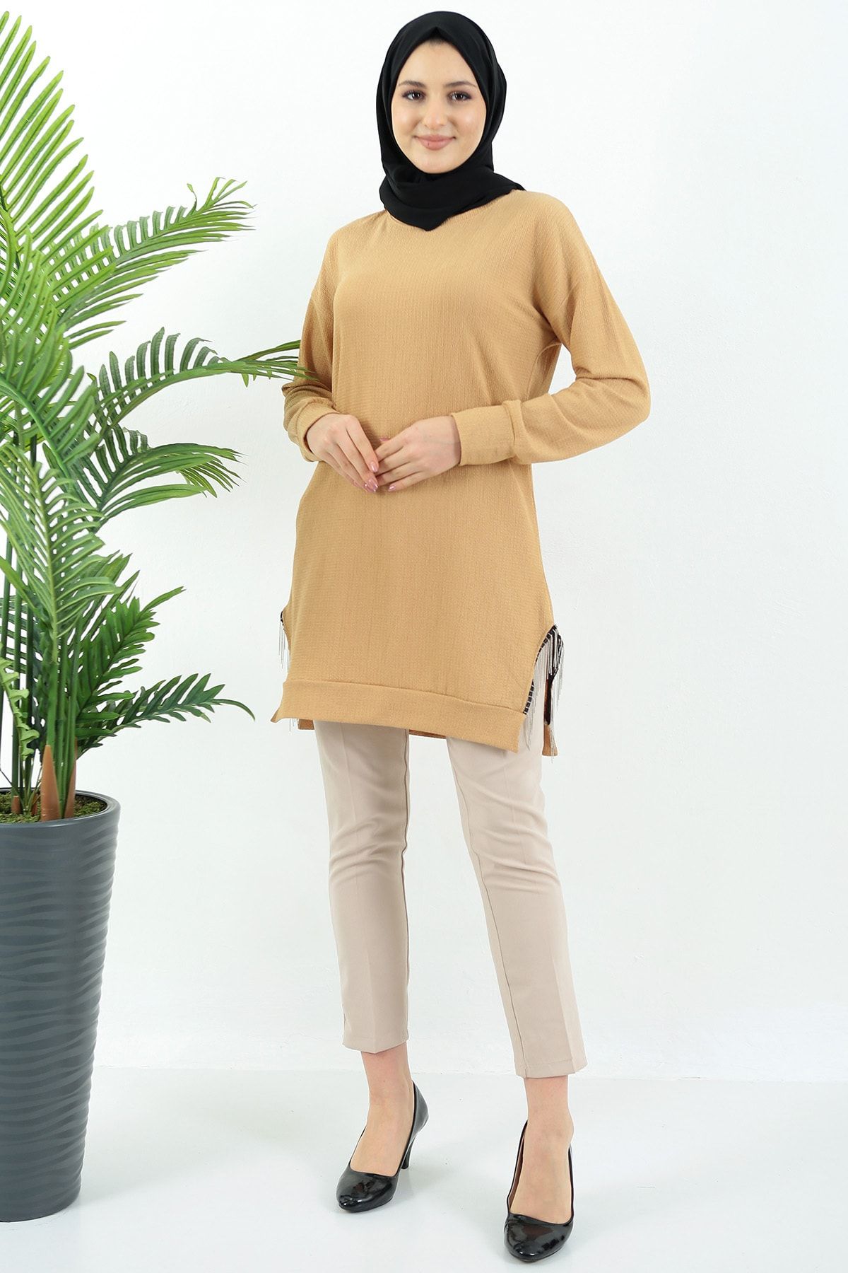 VEGAMOD Women s Slits Chain Twist Fabric Stylish Hijab Tunic