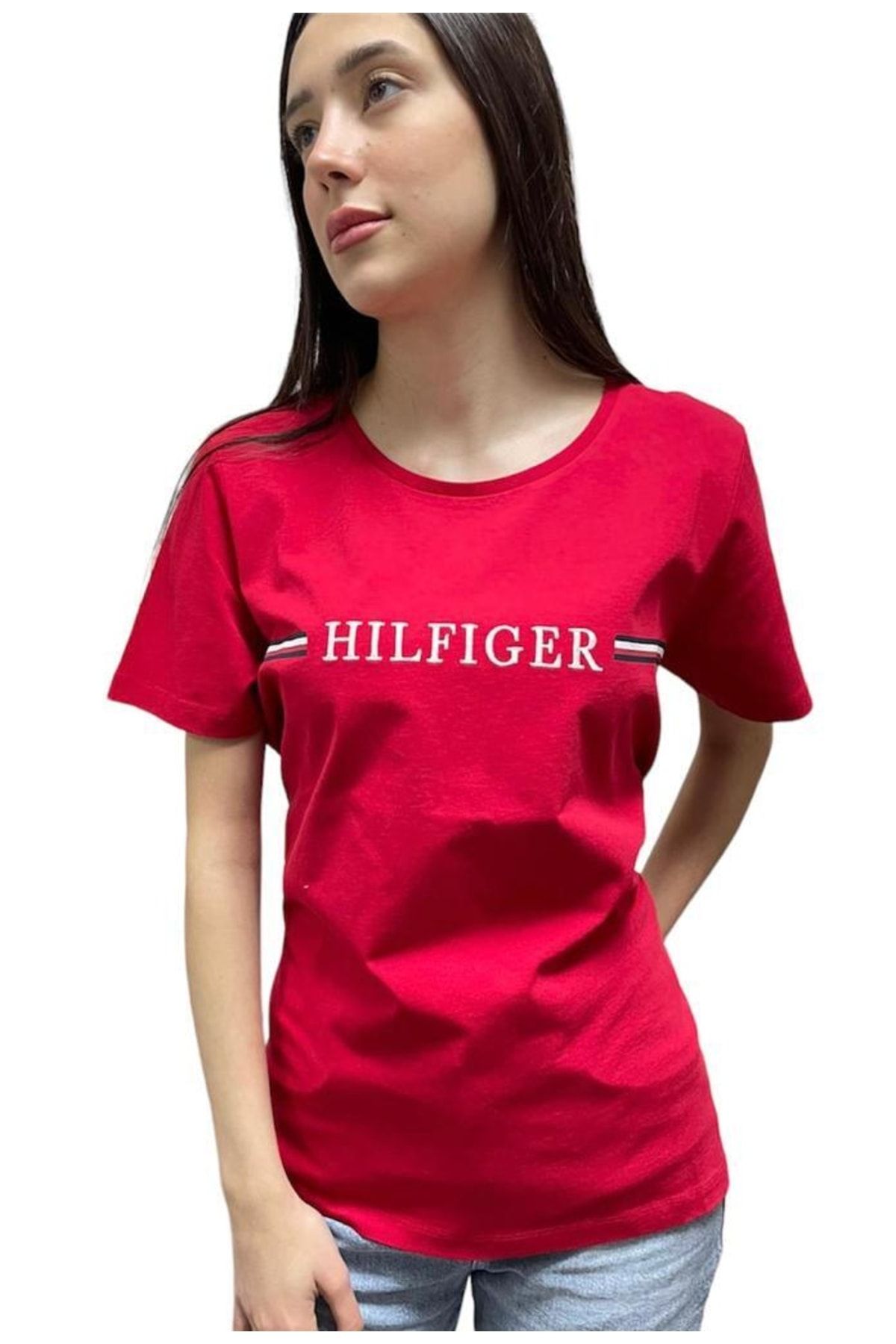 Tommy Hilfiger Organ c Cotton Women Chest Embroidered T sh rt Kad n Giyim