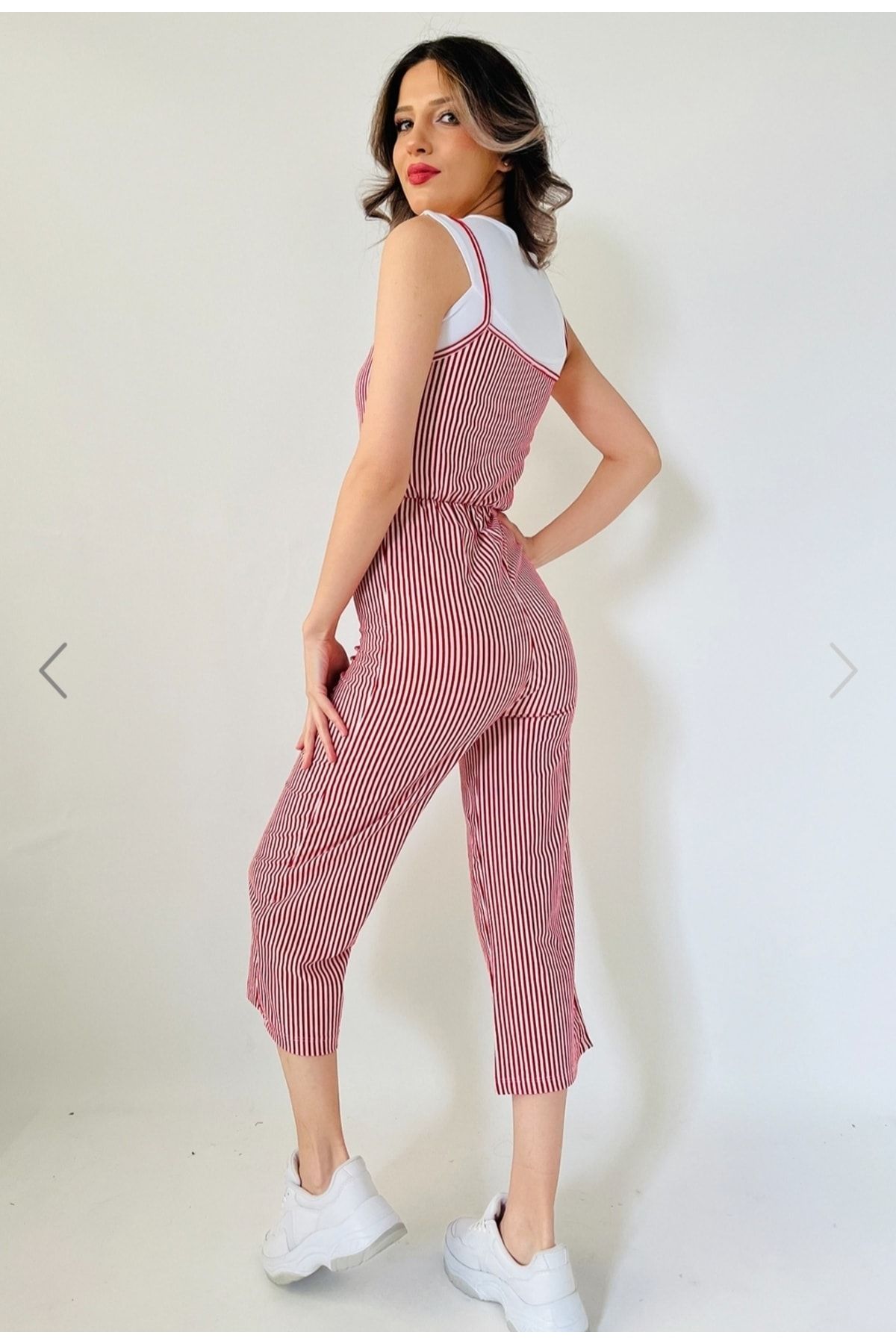Red white striped store jumpsuit