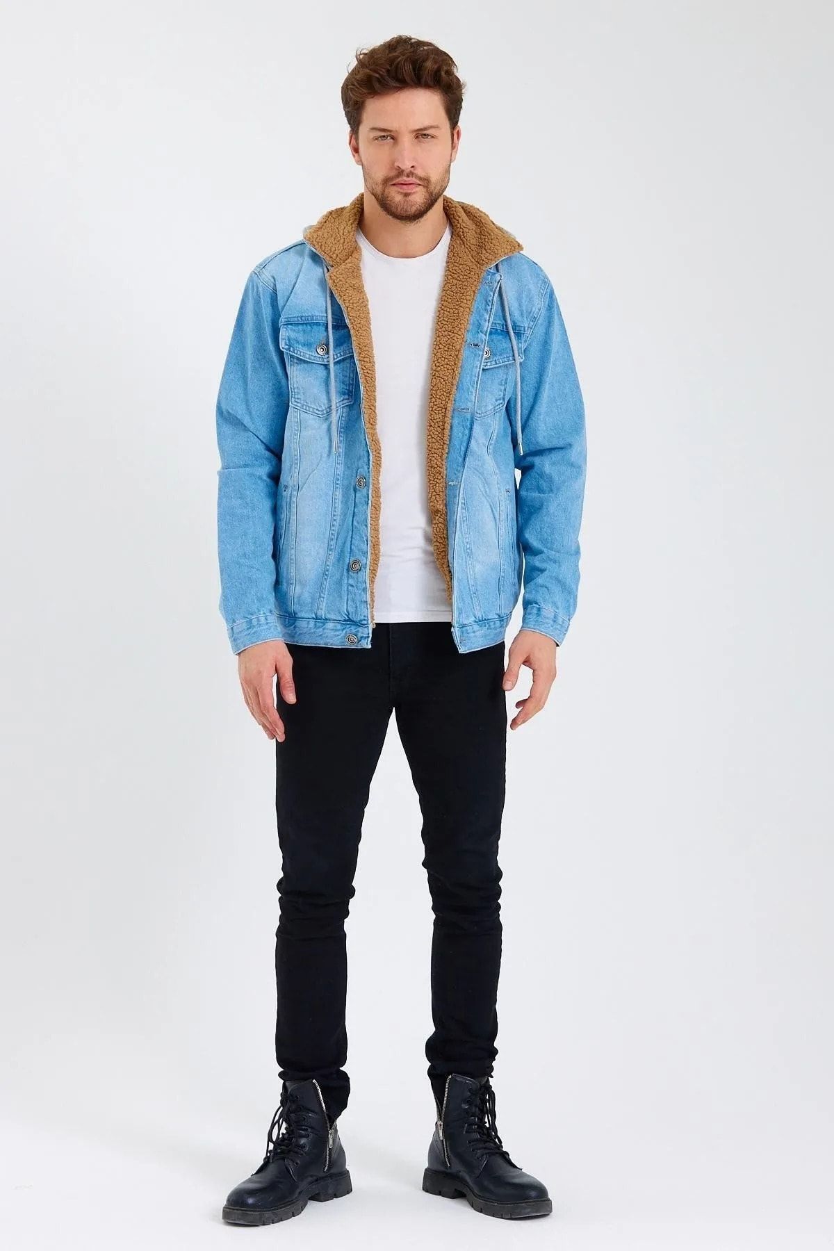 Denim jacket hotsell with fur hoodie