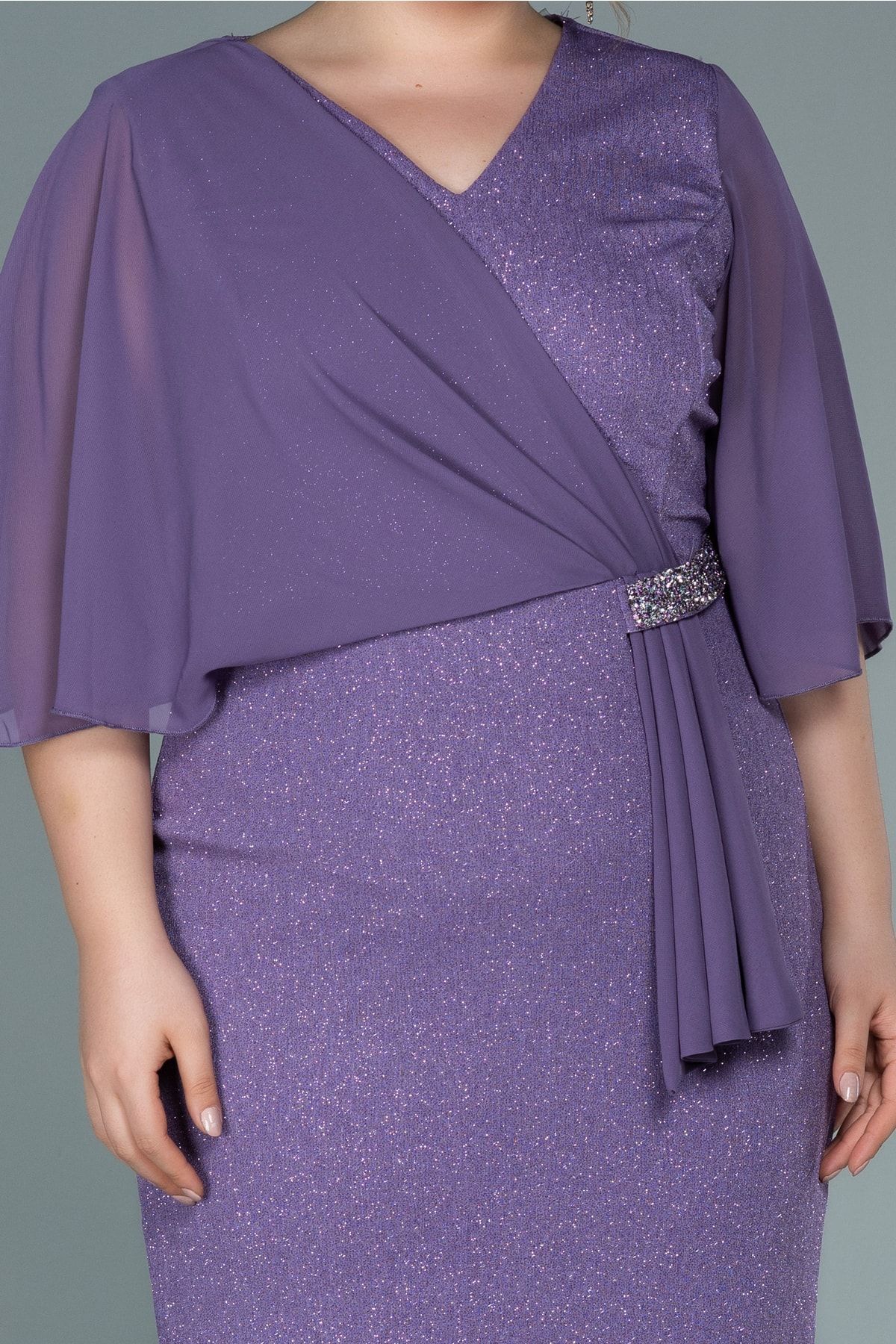 Abiyefon-Lilac Chiffon Short Sleeve Glitter Midi Plus Size Evening Dress Abk1567 3