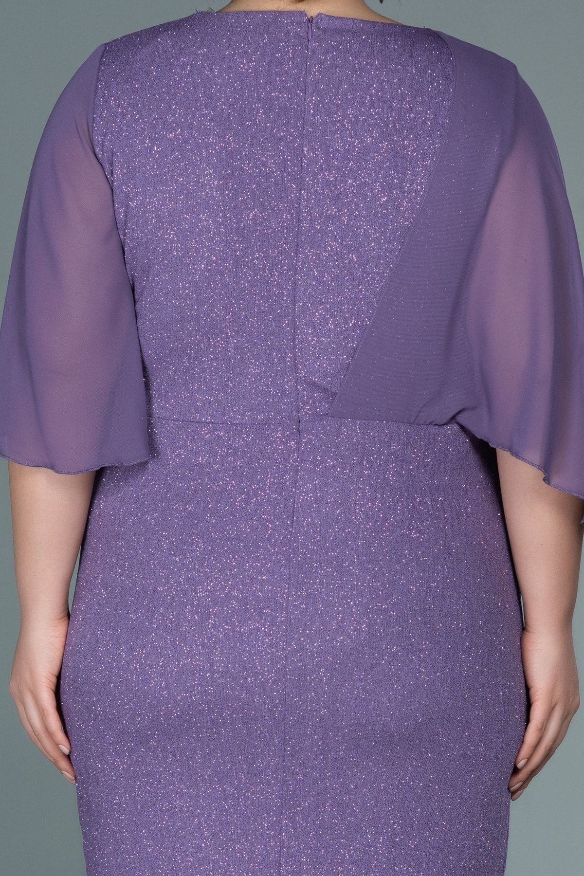 Abiyefon-Lilac Chiffon Short Sleeve Glitter Midi Plus Size Evening Dress Abk1567 4