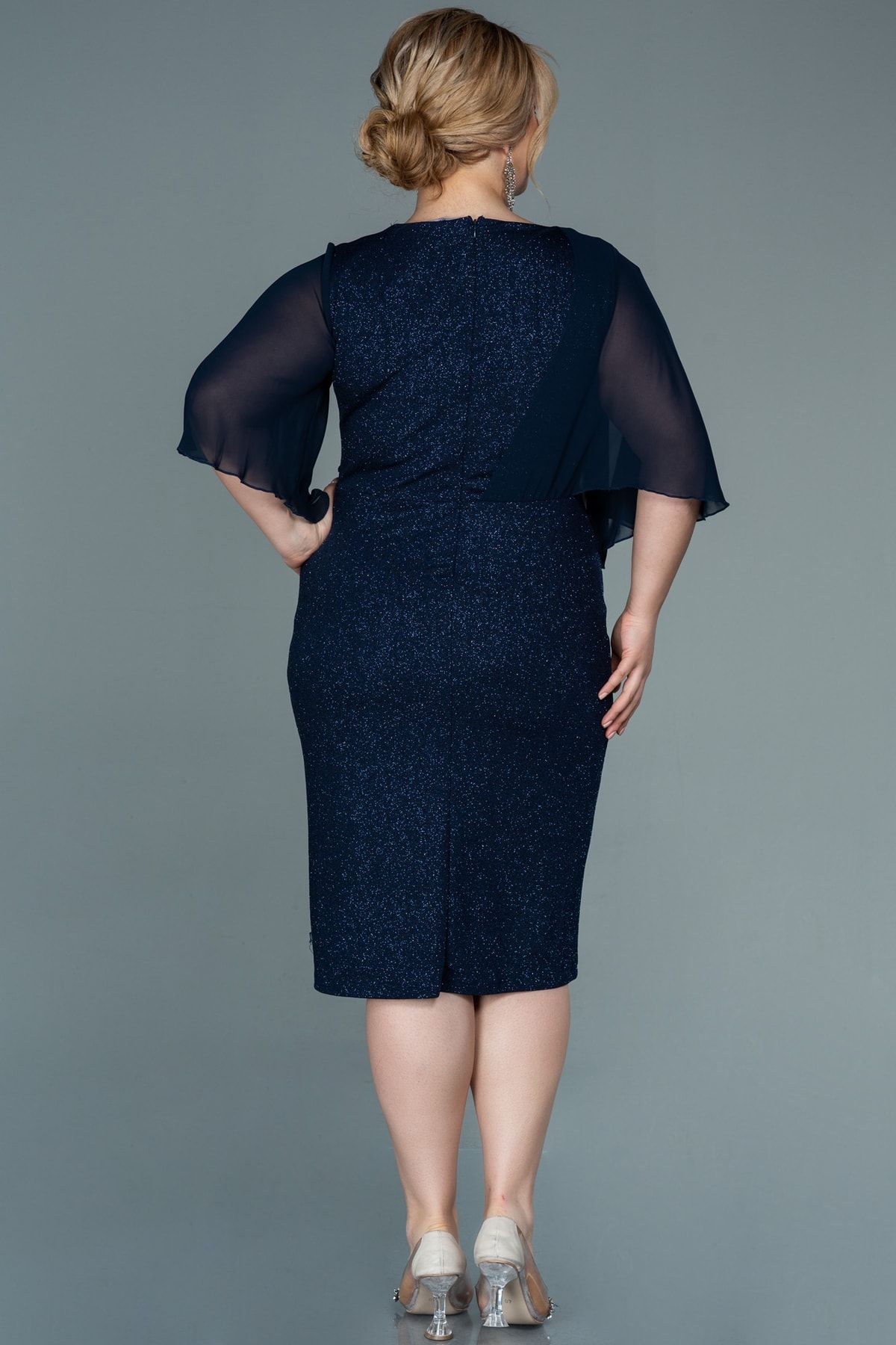 Abiyefon-Navy Blue Chiffon Short Sleeve Glitter Midi Plus Size Evening Dress Abk1567 2