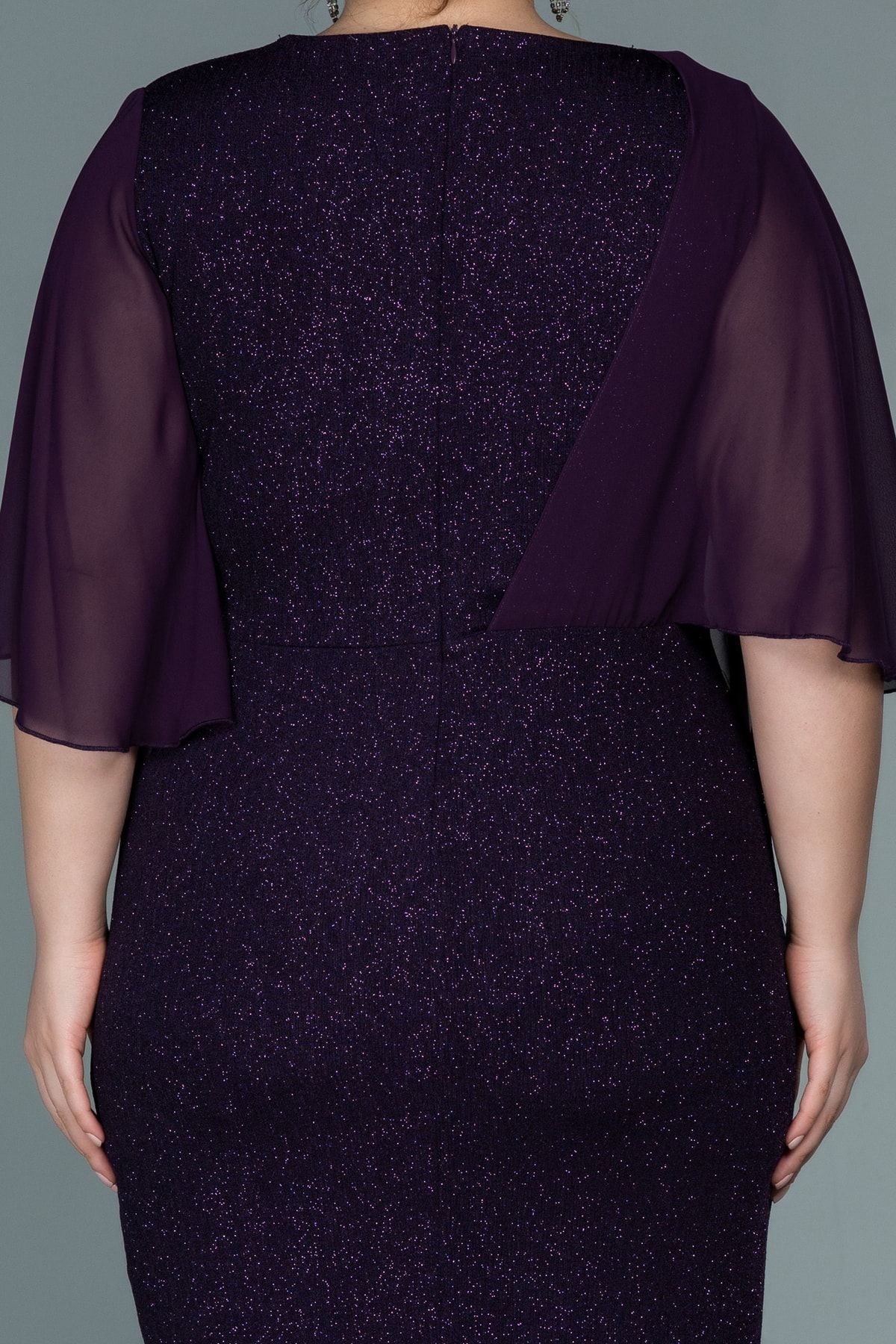 Abiyefon-Purple Chiffon Short Sleeve Glitter Midi Plus Size Evening Dress Abk1567 4