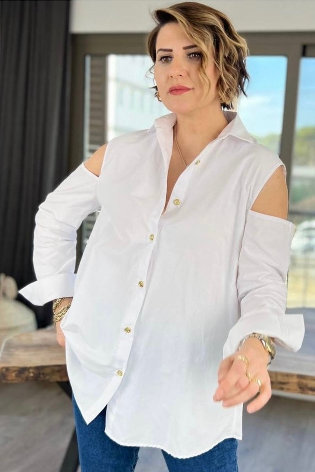 Off the shoulder white button down shirt sales