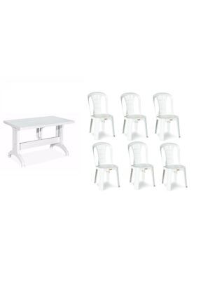 Plastik Sabit Masa 70x120 + Kırık Beyaz Kolsuz Plastik Sandalye 6 Adet Xömbx99 MRT53477