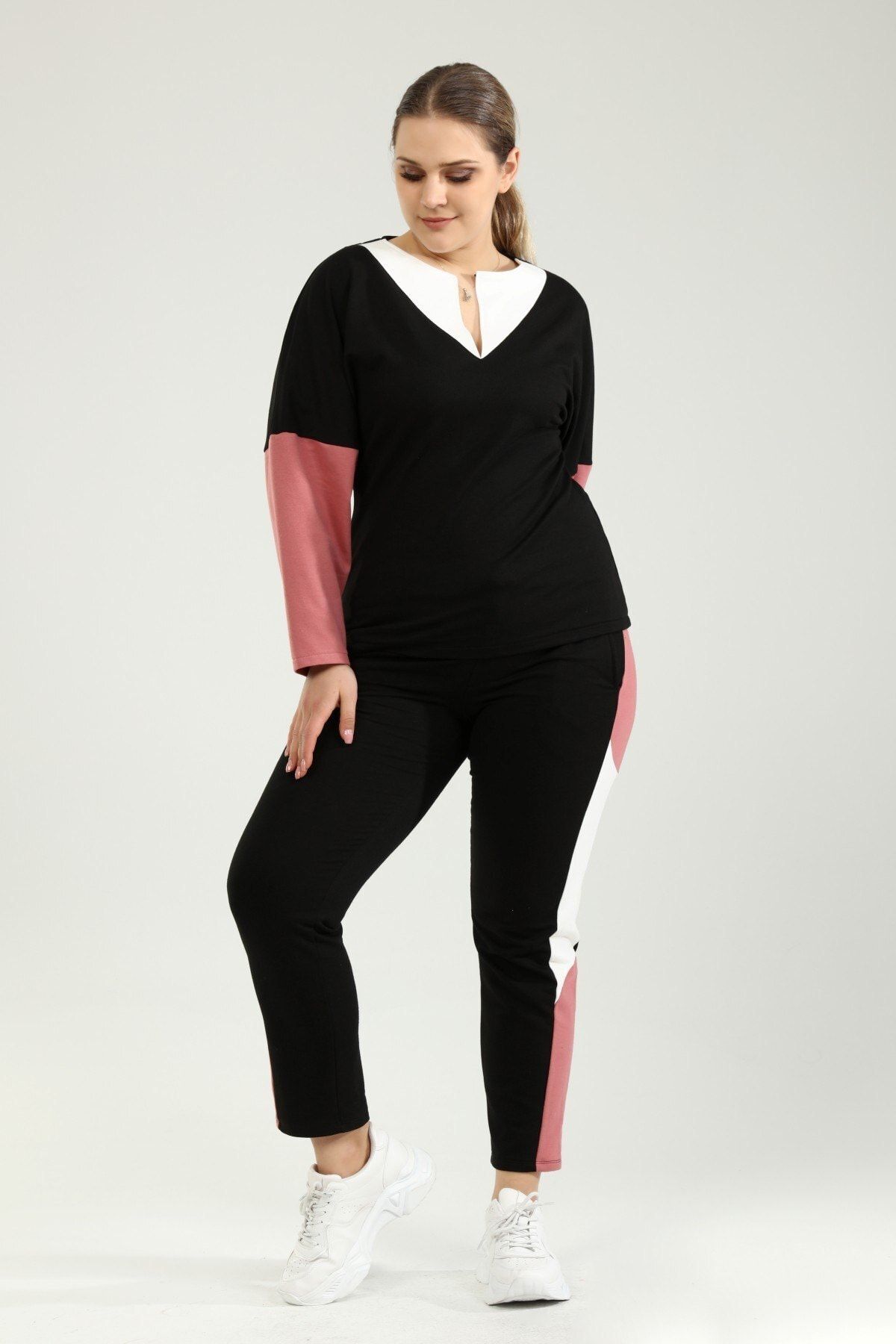 Moda Cazibe-Large Size Block Patterned Side Fawn Sweatpants - 2 Thread 4